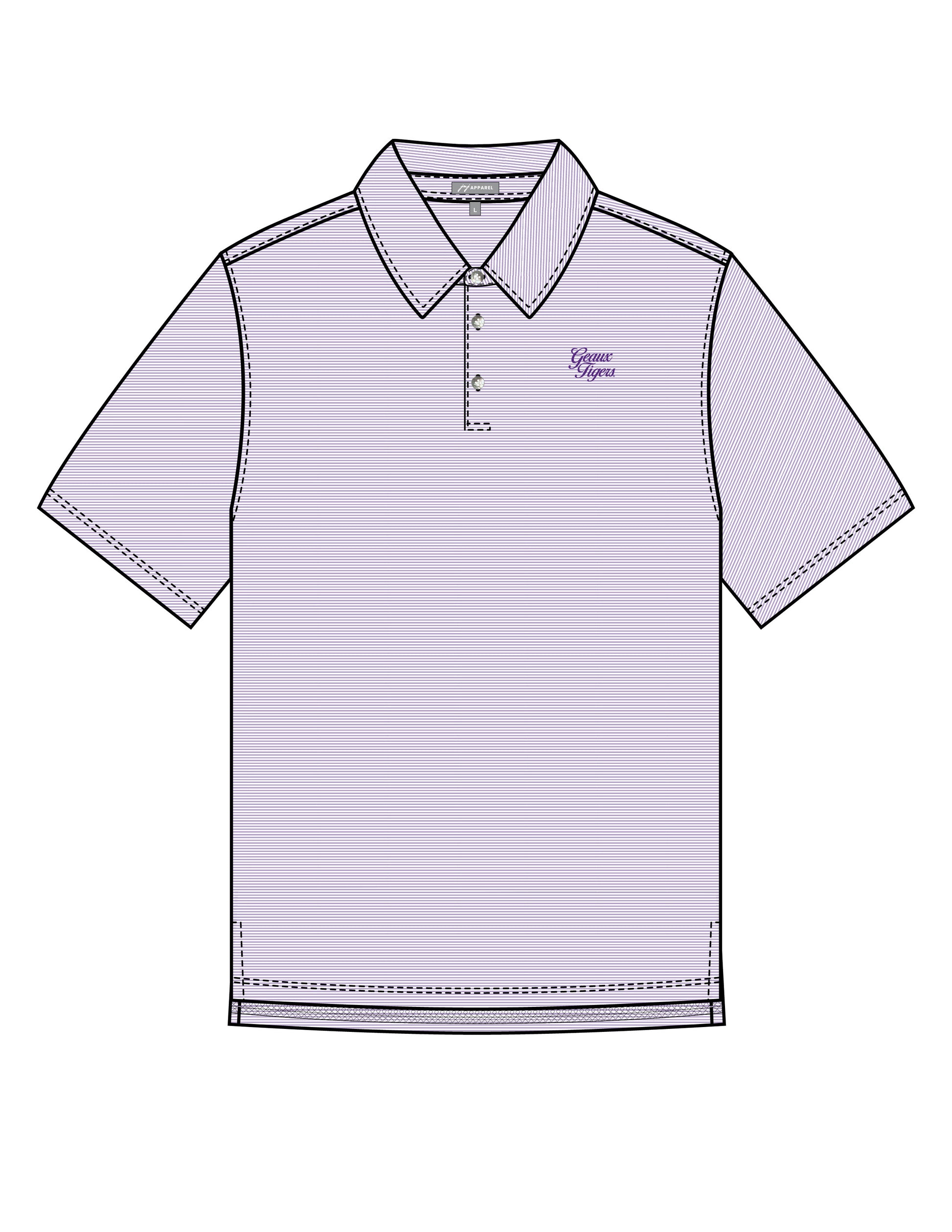 LSU Men’s Purple Stripe Polo with Purple Script “Geaux Tigers” Embroidery