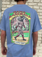 University of Alabama Blue Going Yard T-Shirt with Red text "Bama Baseball" above an image of Big Al in baseball gear and Black text "Going Yard" below