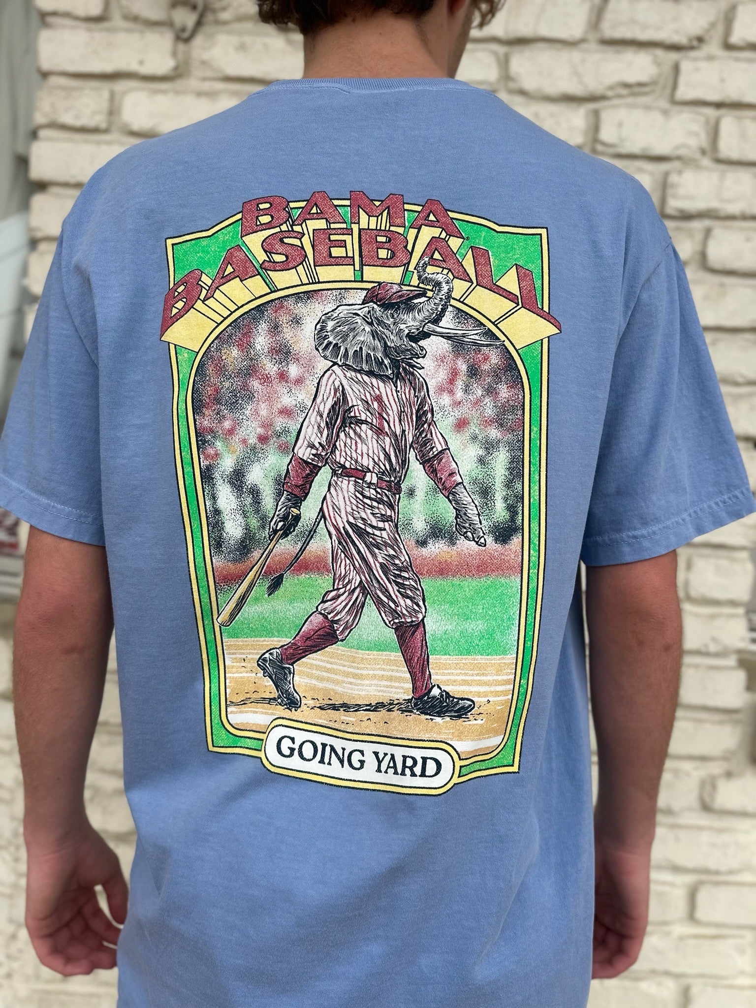 University of Alabama Blue Going Yard T-Shirt with Red text "Bama Baseball" above an image of Big Al in baseball gear and Black text "Going Yard" below