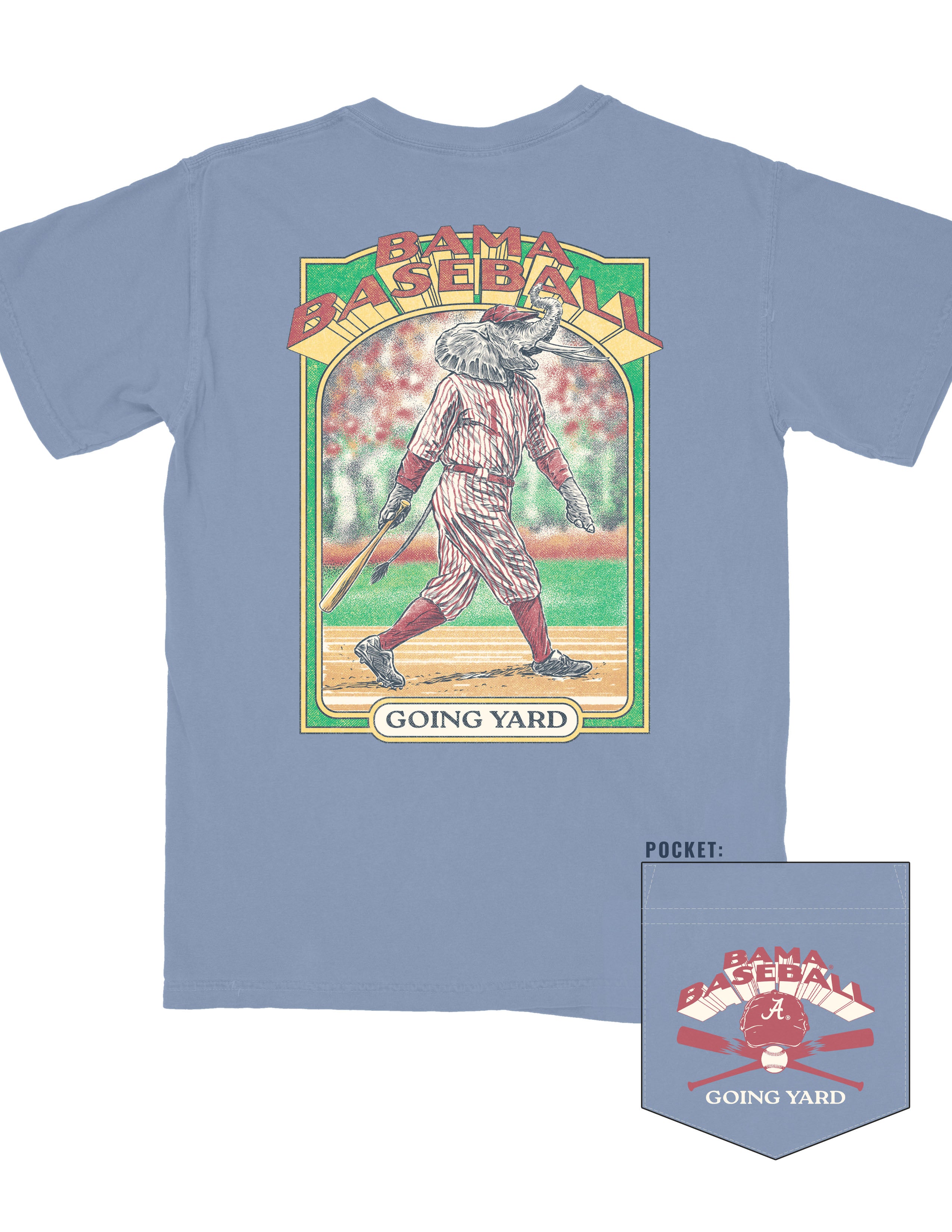 University of Alabama Blue Going Yard T-Shirt with Red text "Bama Baseball" above an image of Big Al in baseball gear and Black text "Going Yard" below