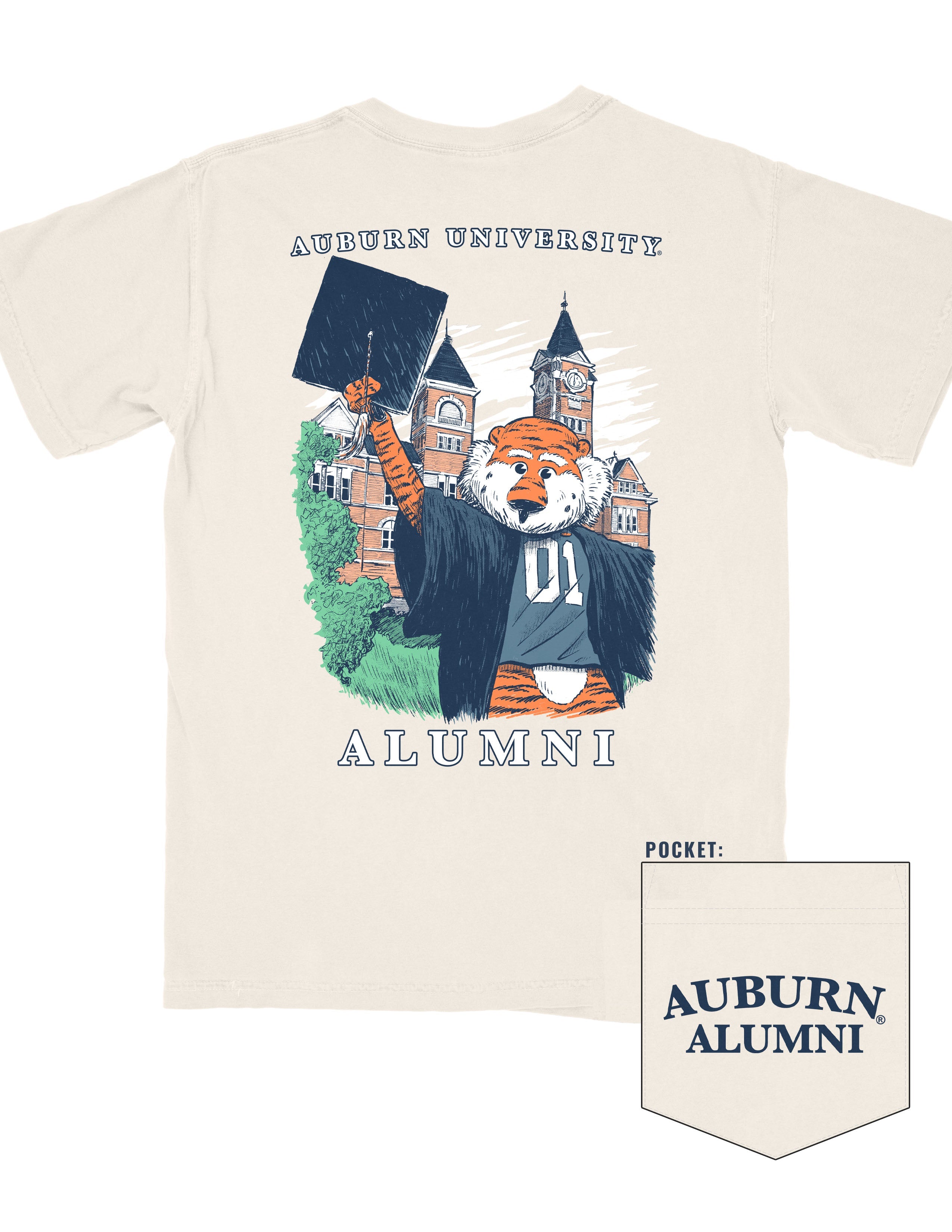 Auburn University Cream Aubie Graduation T-Shirt with an image of Aubie in graduation attire in front of Samford Hall above White text "Alumni”
