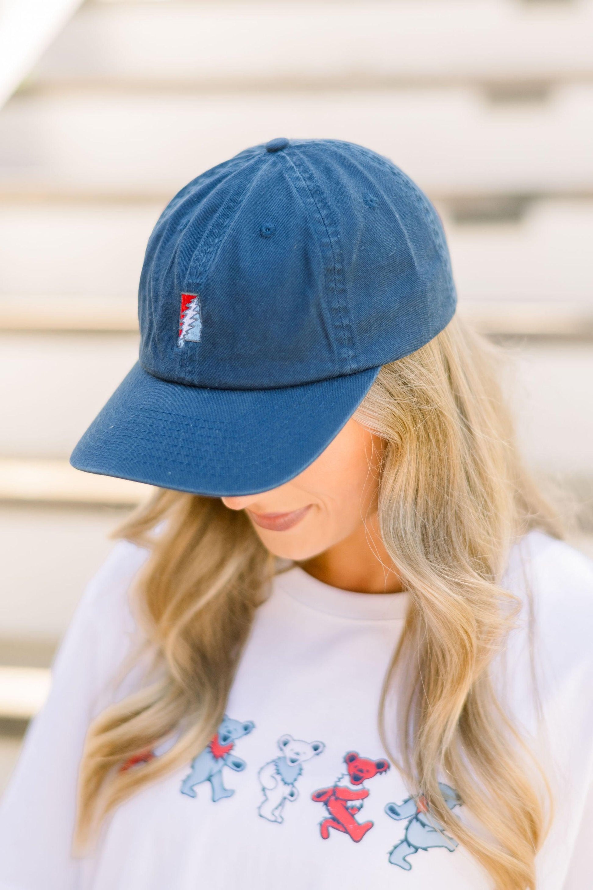 Grateful State Navy Dad Hat with Red and Blue embroidery of the Alabama "Grateful State" Logo