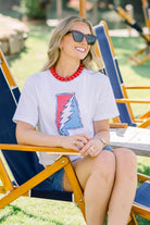 Grateful State White Ladies T-Shirt with Red and Blue print of the Alabama "Grateful State" Logo