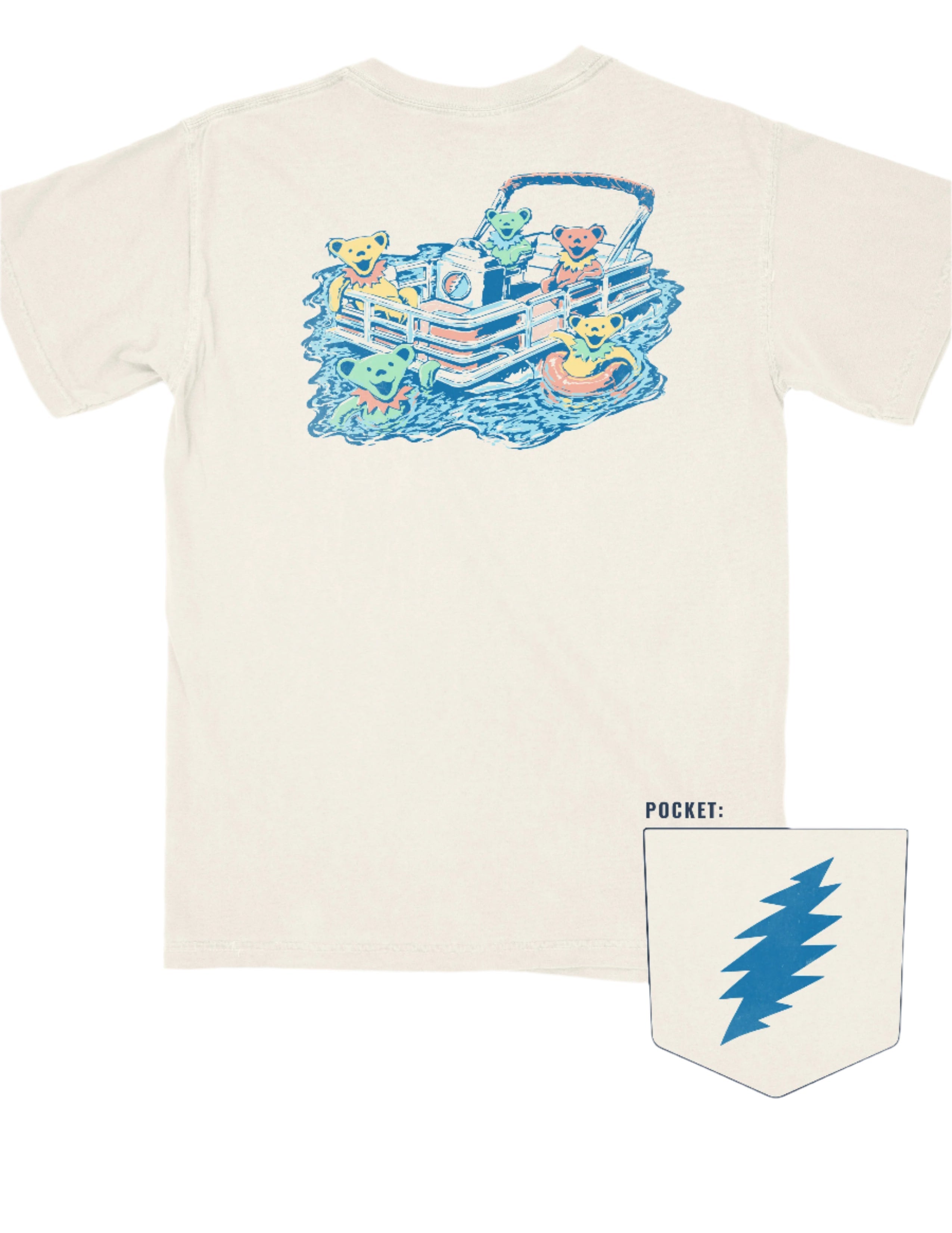 Ivory T-Shirt with Dancing Bears on the lake and in a pontoon boat with the Grateful Dead logo on it.