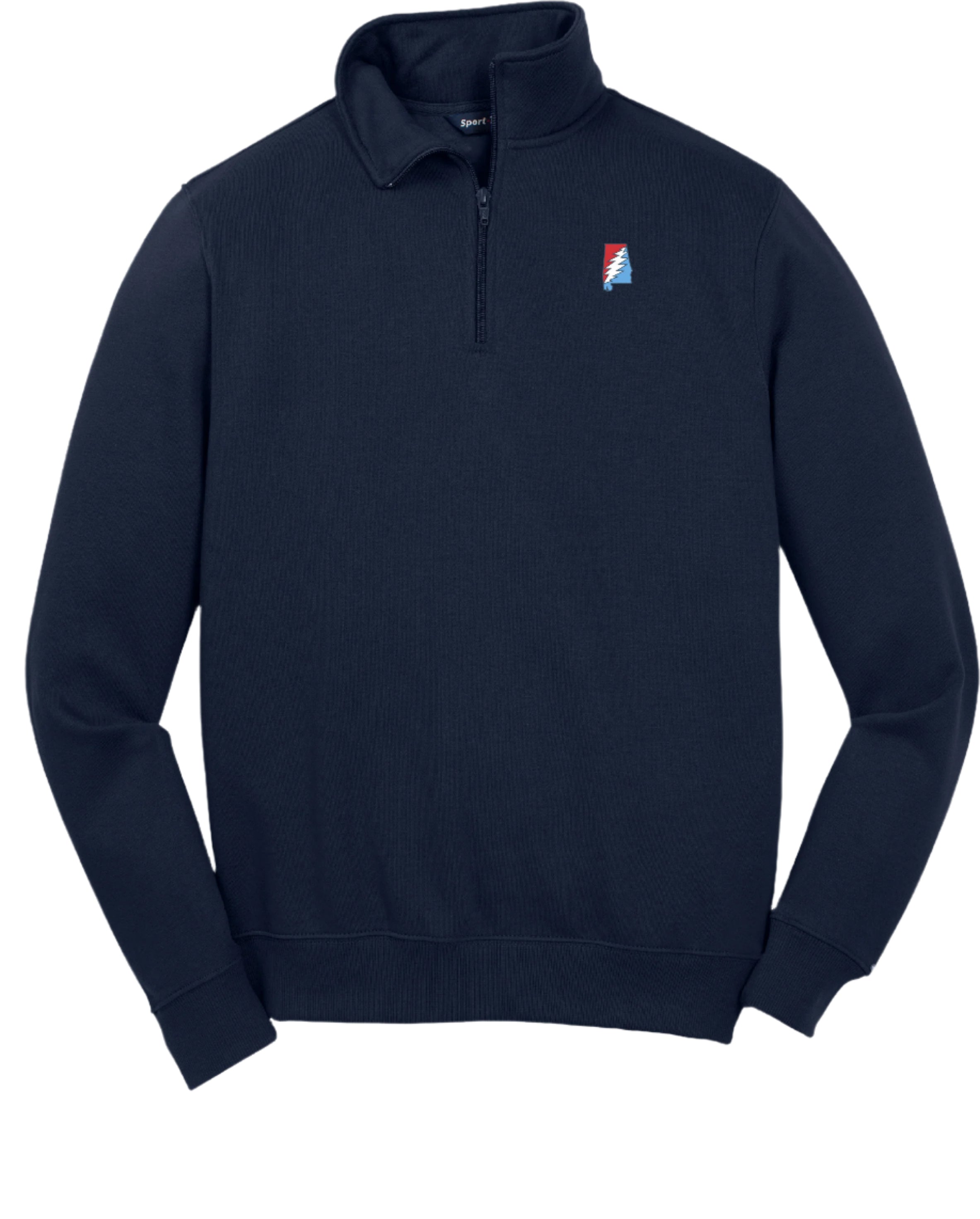 Grateful State Navy Sport Tek ¼ Zip with a Red and Blue embroidery of the Alabama "Grateful State" Logo