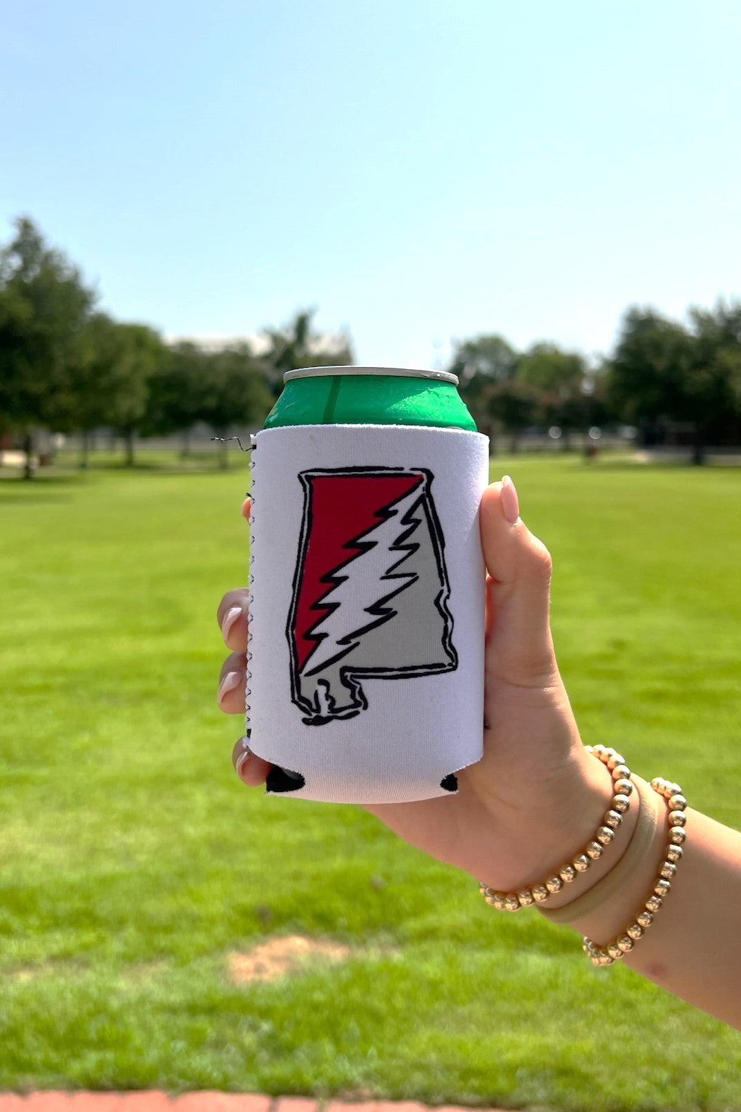 Grateful State White Koozie with Red and Grey print of the Alabama "Grateful State" Logo And the Dancing Bear