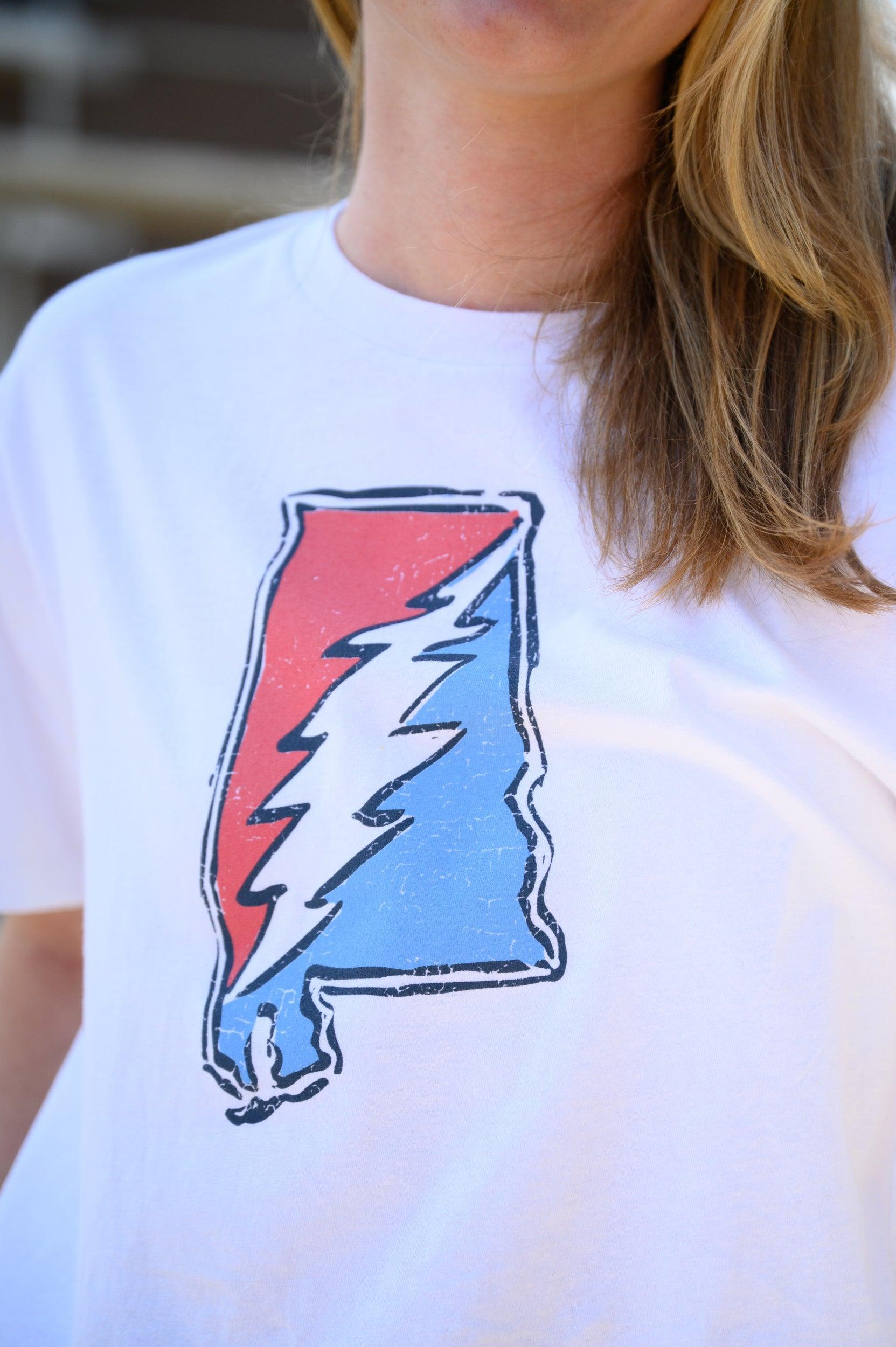 Grateful State White Ladies T-Shirt with Red and Blue print of the Alabama "Grateful State" Logo
