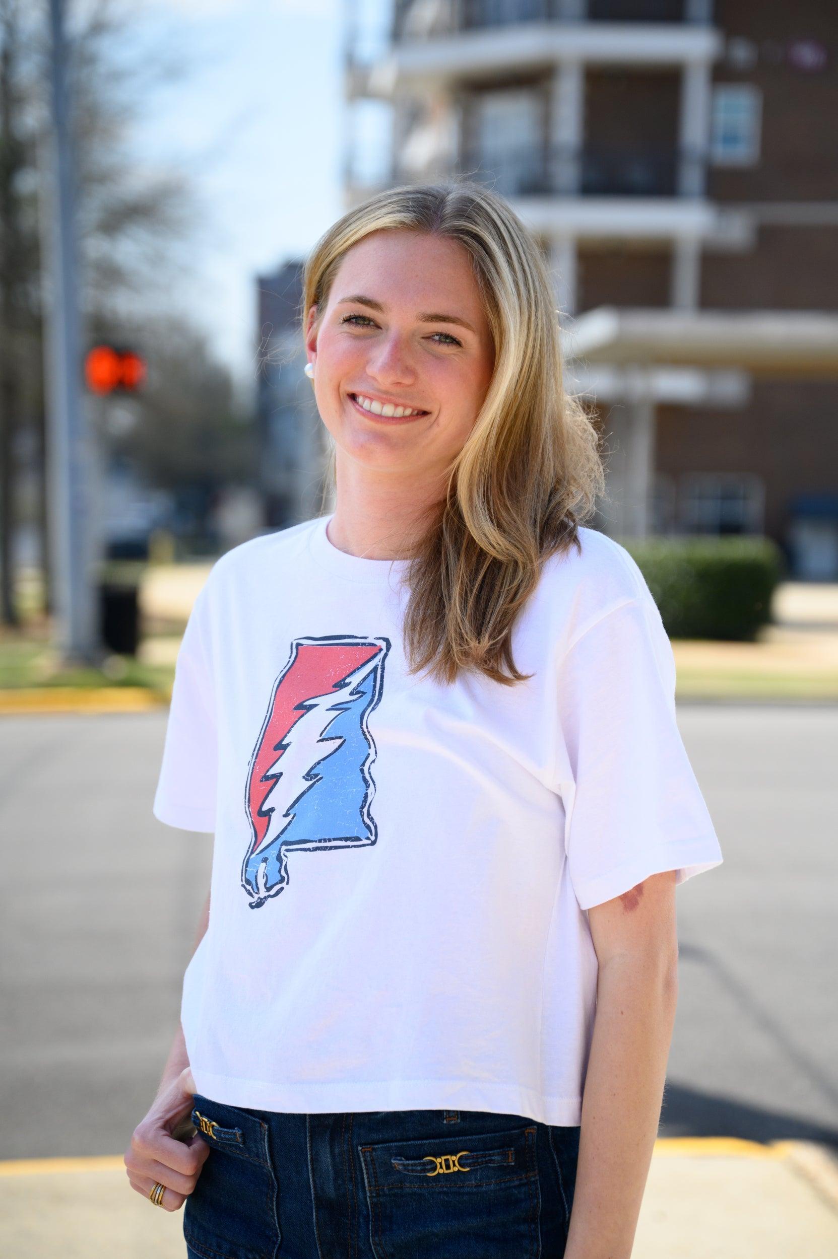 Grateful State White Ladies T-Shirt with Red and Blue print of the Alabama "Grateful State" Logo