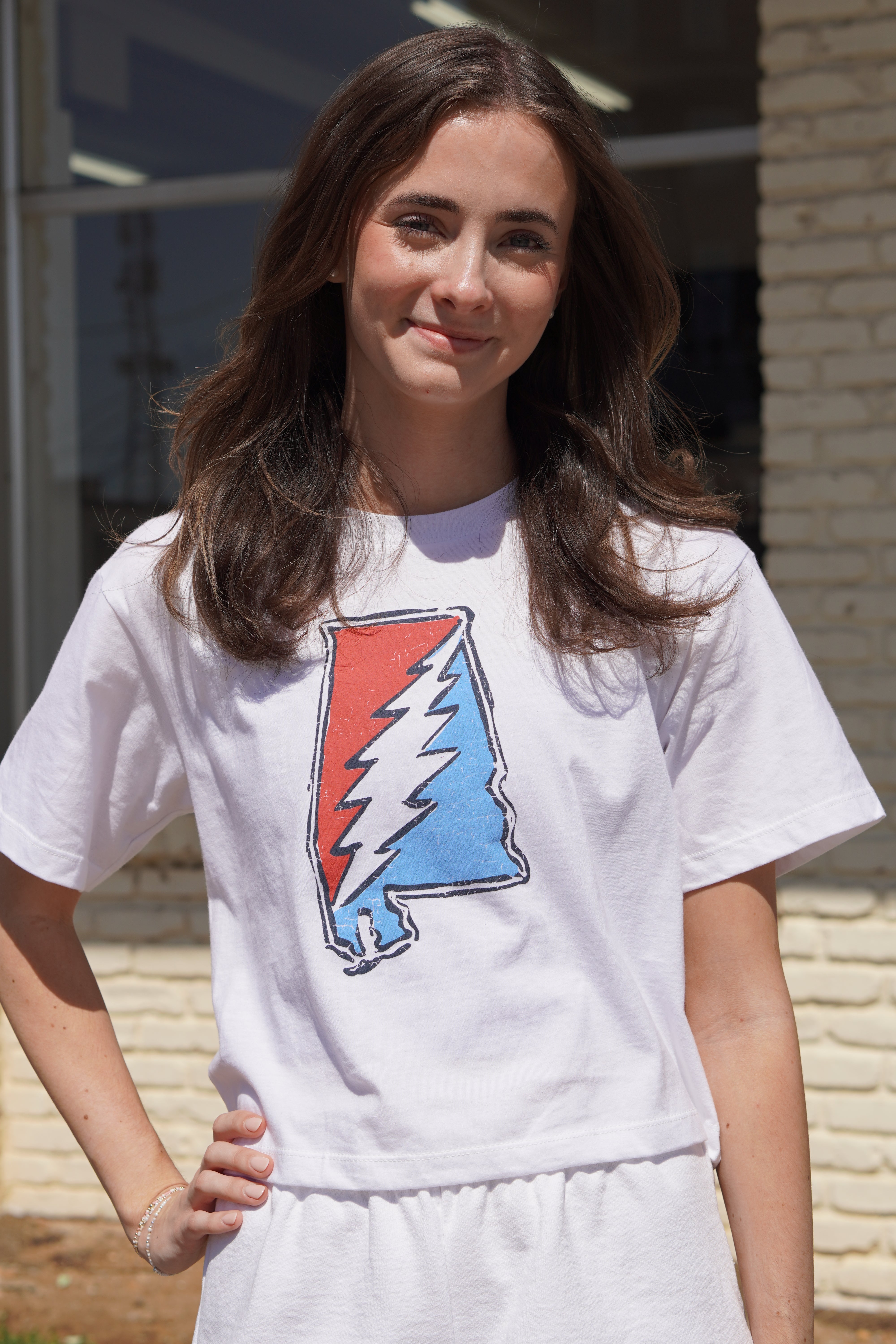 Grateful State White Ladies T-Shirt with Red and Blue print of the Alabama "Grateful State" Logo