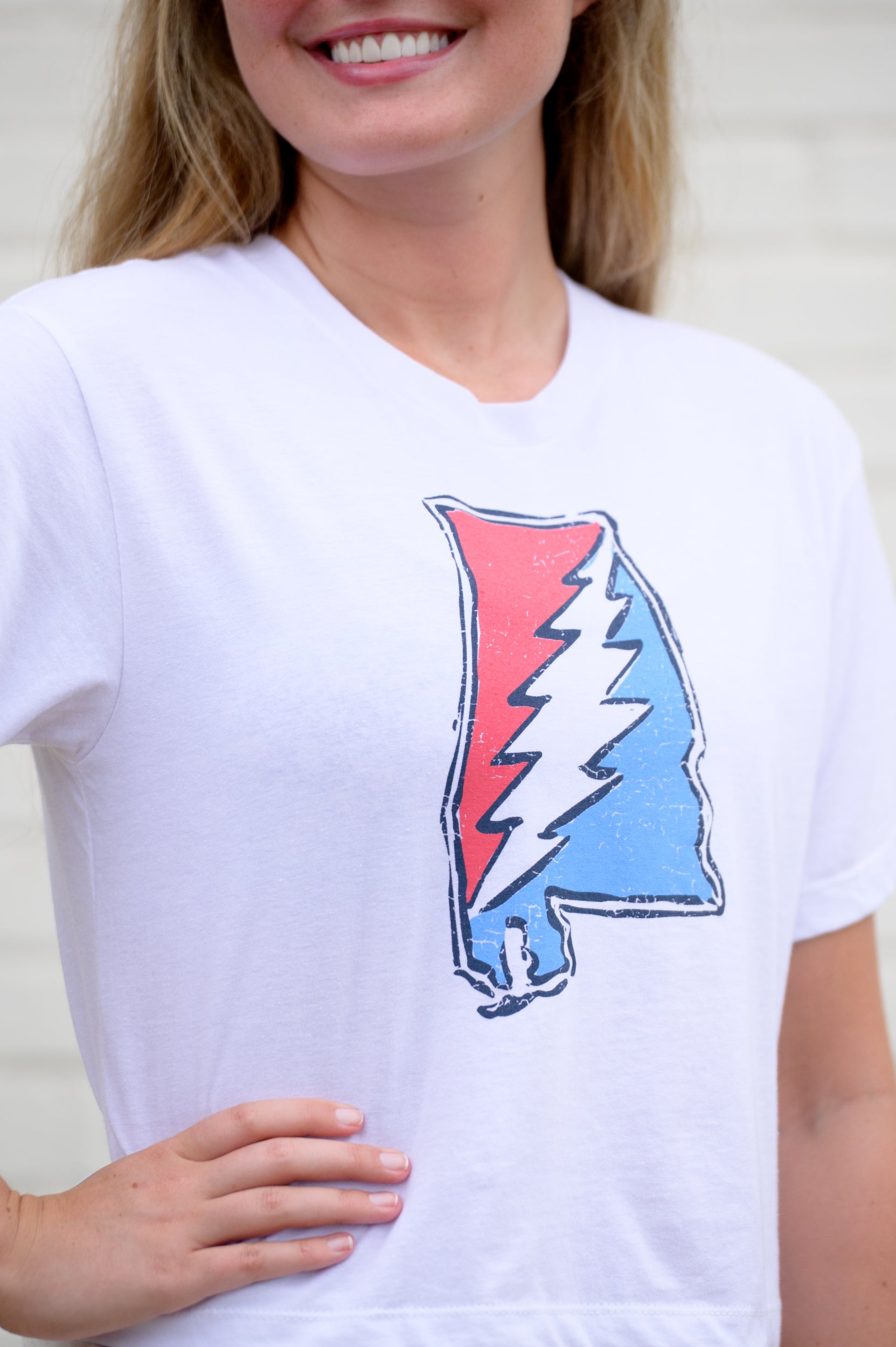 Grateful State White Ladies T-Shirt with Red and Blue print of the Alabama "Grateful State" Logo