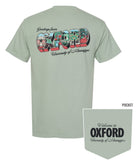 Ole Miss Green T-Shirt with postcard style text "Greetings From OXFORD" with "Oxford" filled with images of iconic buildings in that location