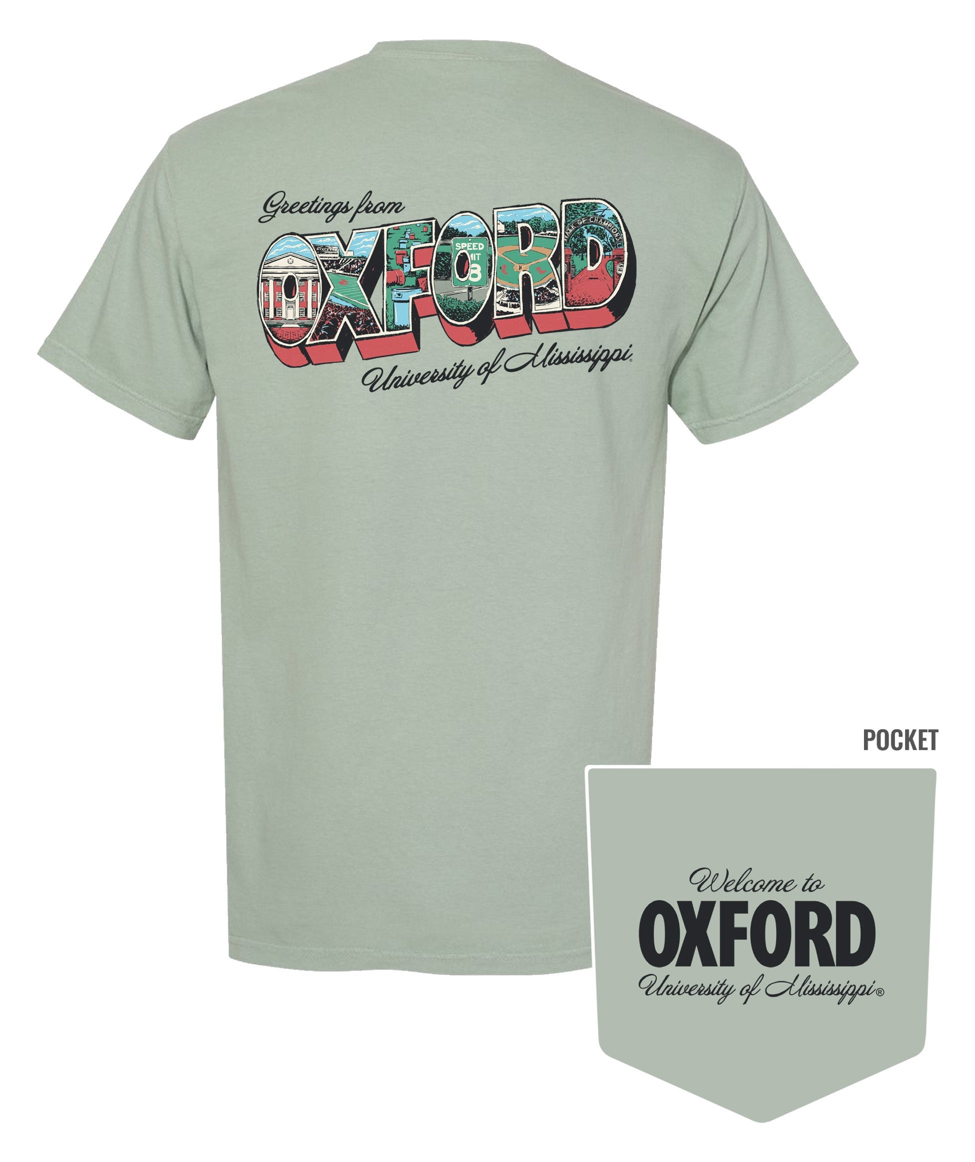 Ole Miss Green T-Shirt with postcard style text "Greetings From OXFORD" with "Oxford" filled with images of iconic buildings in that location