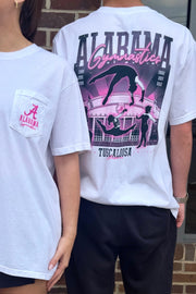 University of Alabama White Ladies' Gymnastics T-Shirt with a hand-drawn design featuring Coleman Coliseum and the years of the Crimson Tide's national titles.
