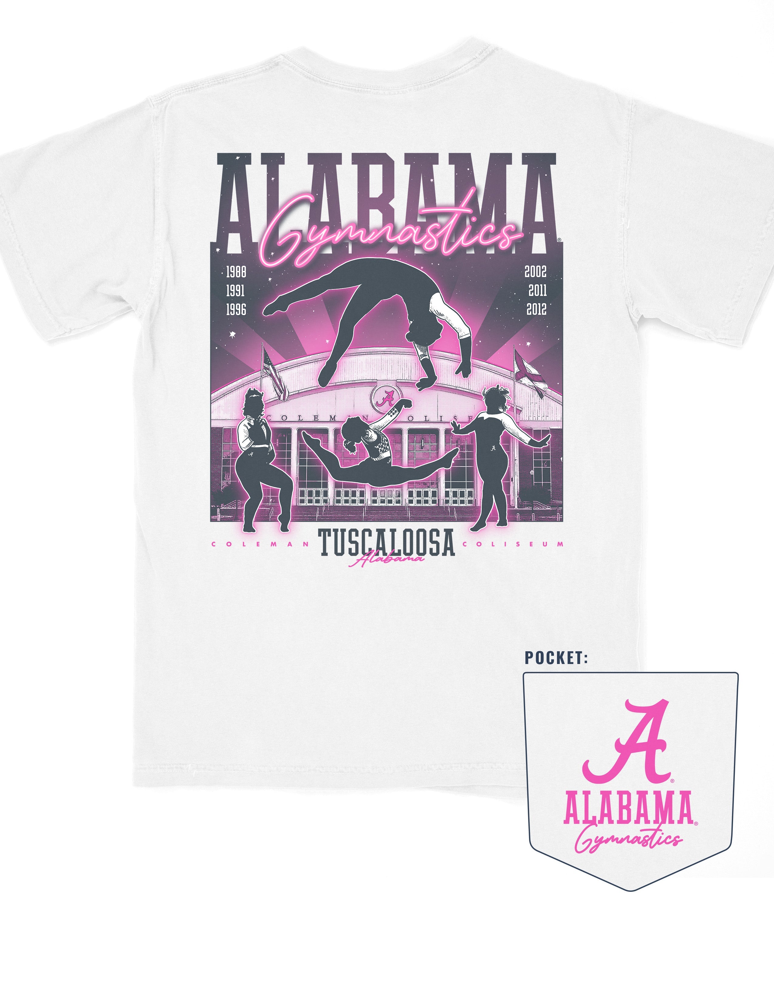 University of Alabama White Ladies' Gymnastics T-Shirt with a hand-drawn design featuring Coleman Coliseum and the years of the Crimson Tide's national titles.