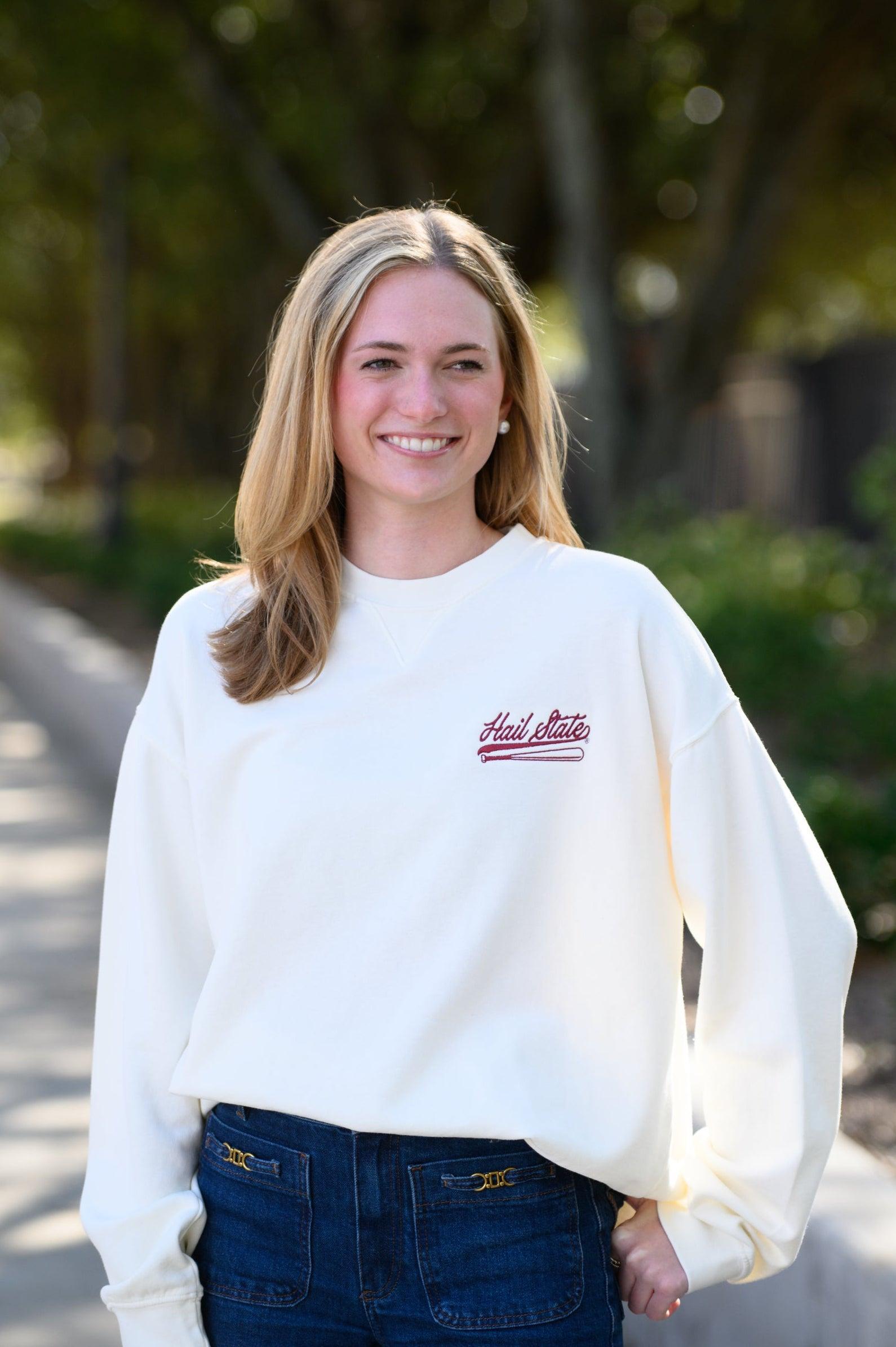 Mississippi State Cream Sweatshirt with Maroon “Hail State” script and baseball bat embroidery