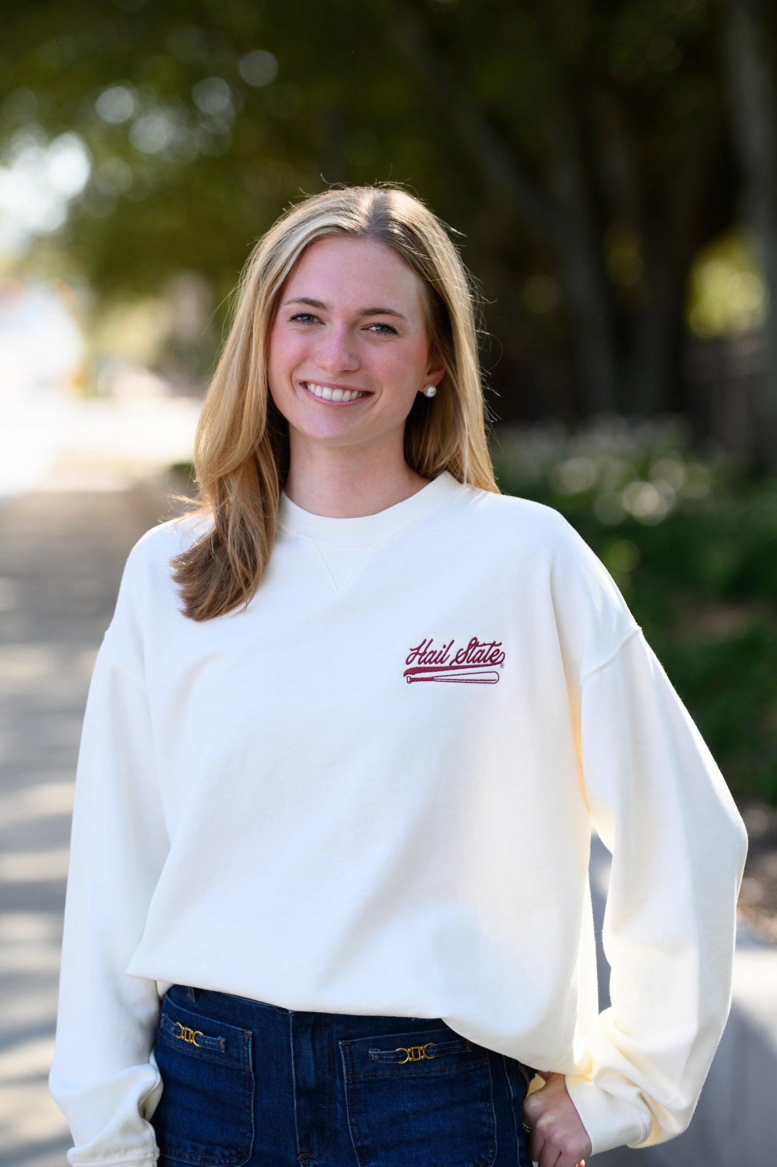 Mississippi State Cream Sweatshirt with Maroon “Hail State” script and baseball bat embroidery