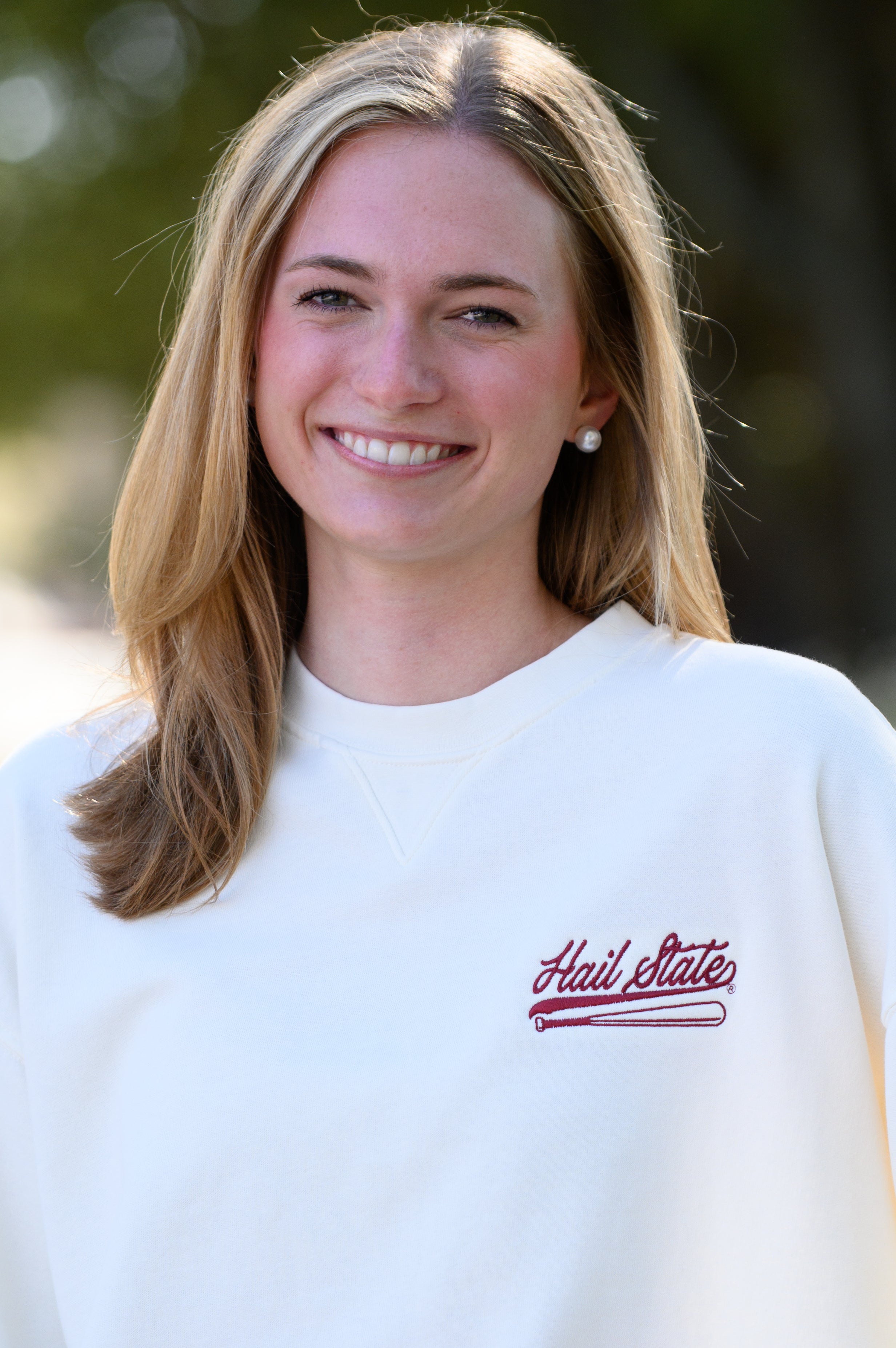 Mississippi State Cream Sweatshirt with Maroon “Hail State” script and baseball bat embroidery
