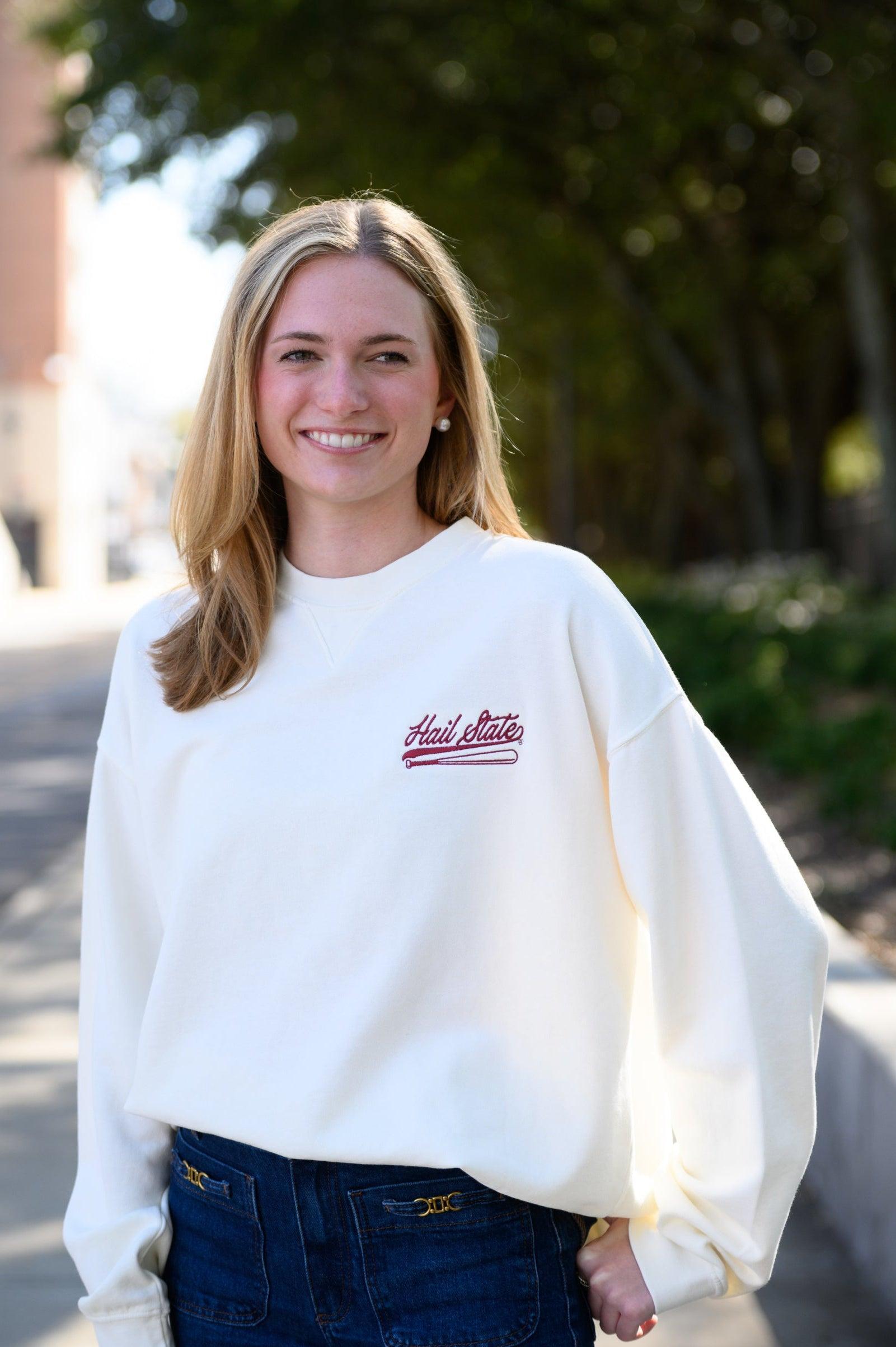 Mississippi State Cream Sweatshirt with Maroon “Hail State” script and baseball bat embroidery