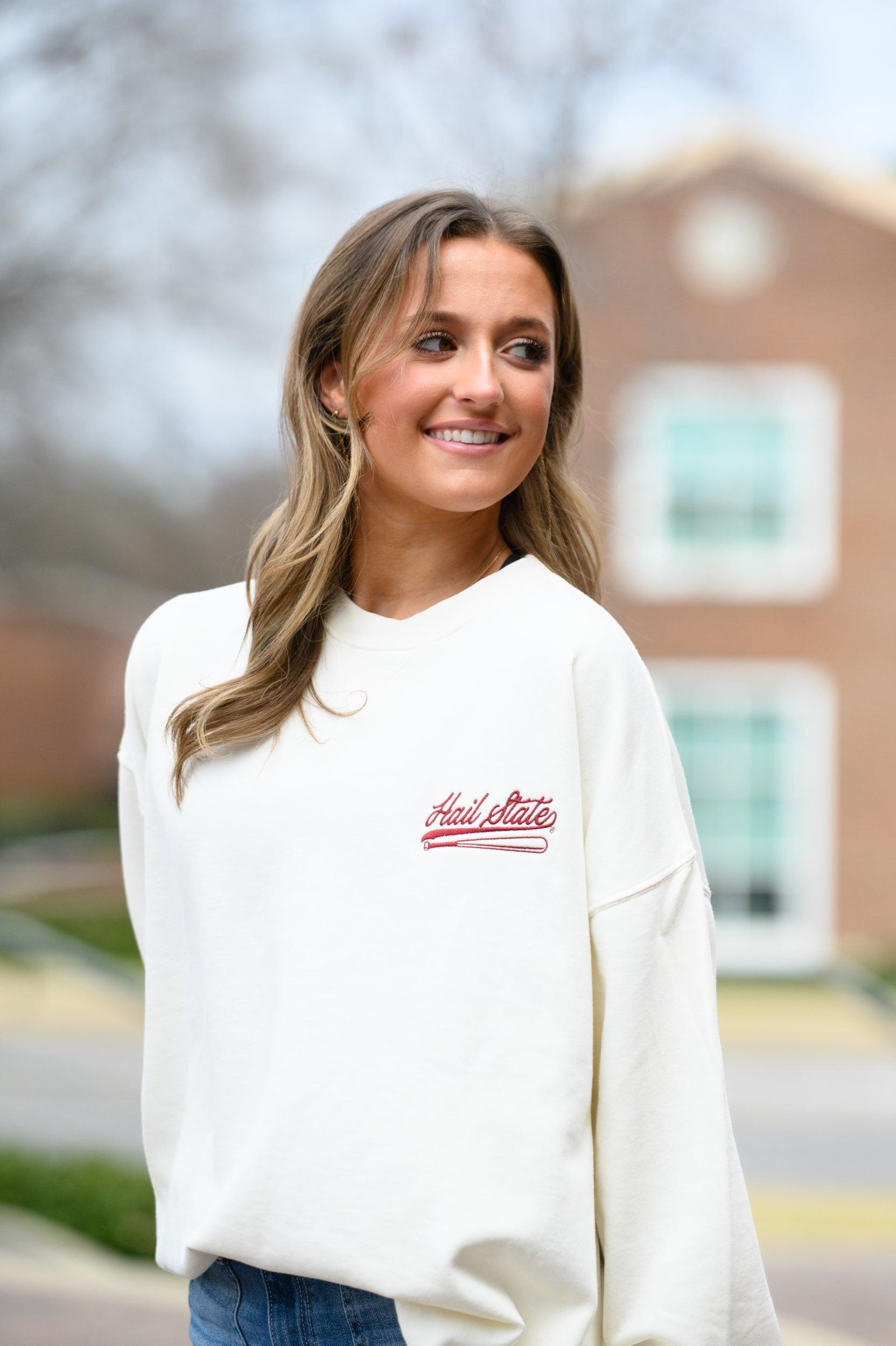 Mississippi State Cream Sweatshirt with Maroon “Hail State” script and baseball bat embroidery
