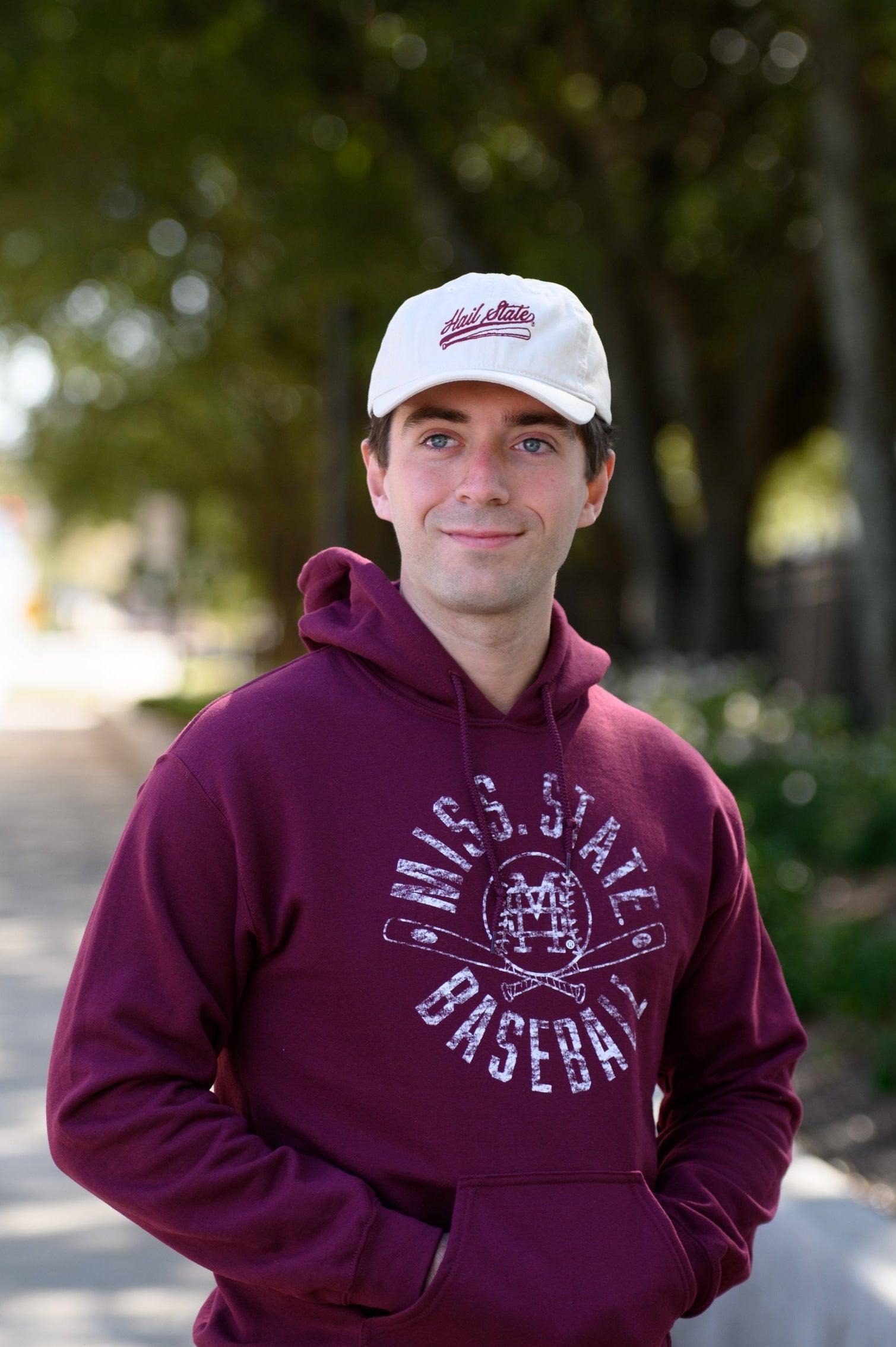 Mississippi State Light Tan Dad Hat with Maroon “Hail State” script and baseball bat embroidery