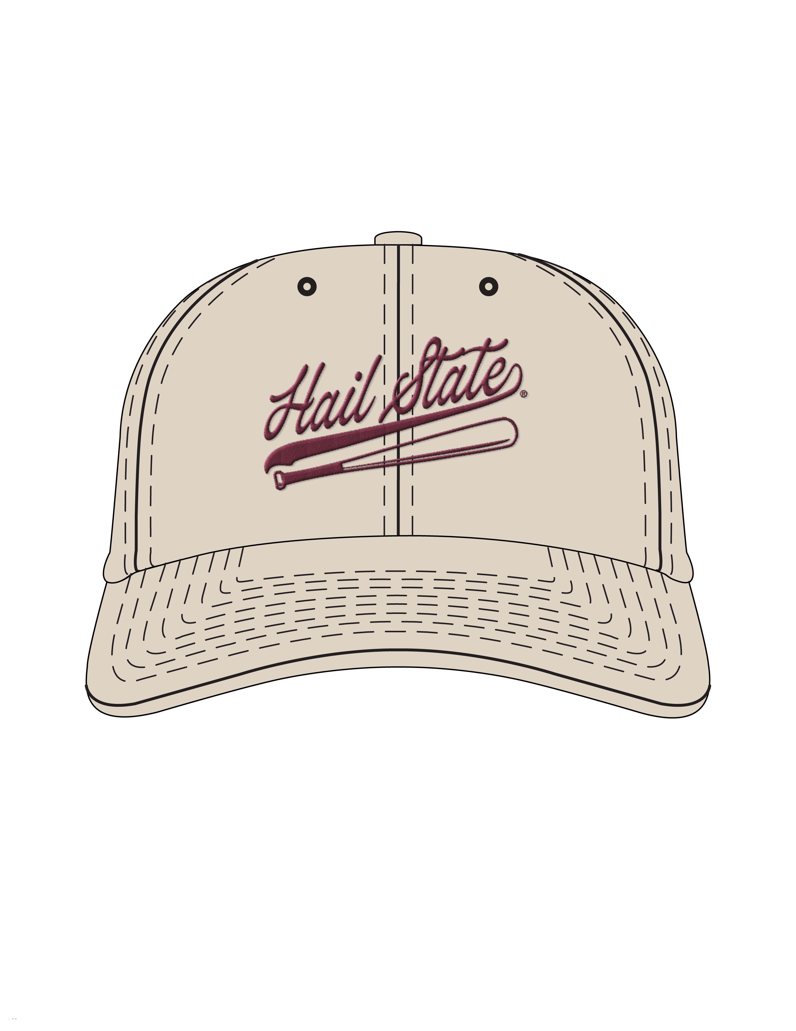 Mississippi State Light Tan Dad Hat with Maroon “Hail State” script and baseball bat embroidery
