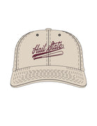 Mississippi State Light Tan Dad Hat with Maroon “Hail State” script and baseball bat embroidery
