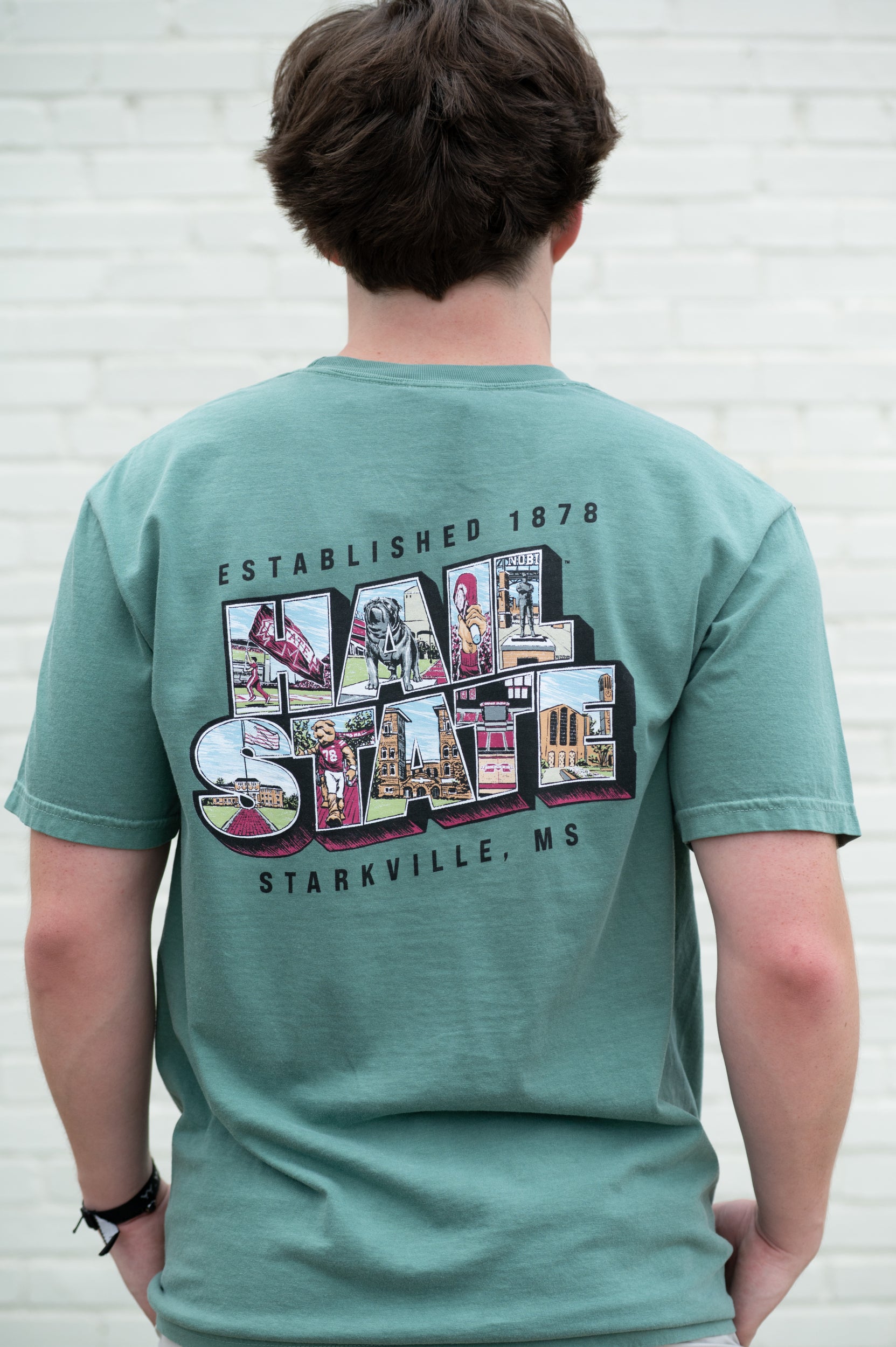 Mississippi Sate Green T-Shirt with postcard style text "HAIL STATE" with "Hail State" filled with images of icons in that location