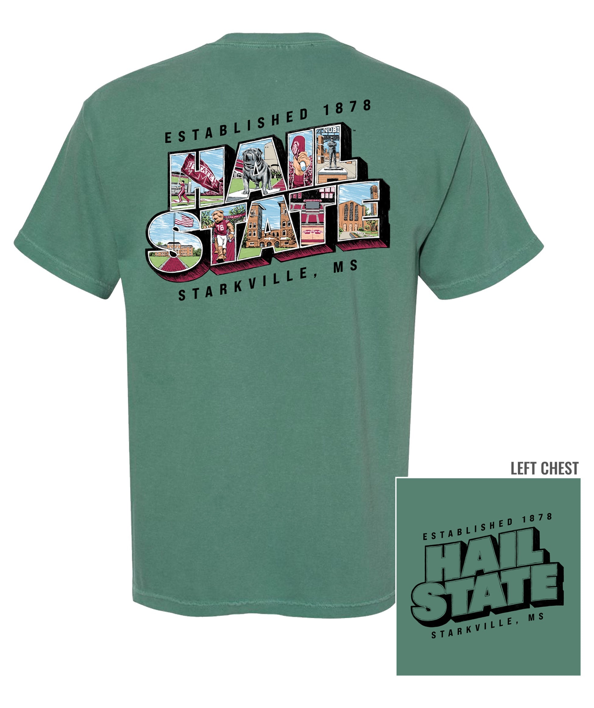 Mississippi Sate Green T-Shirt with postcard style text "HAIL STATE" with "Hail State" filled with images of icons in that location
