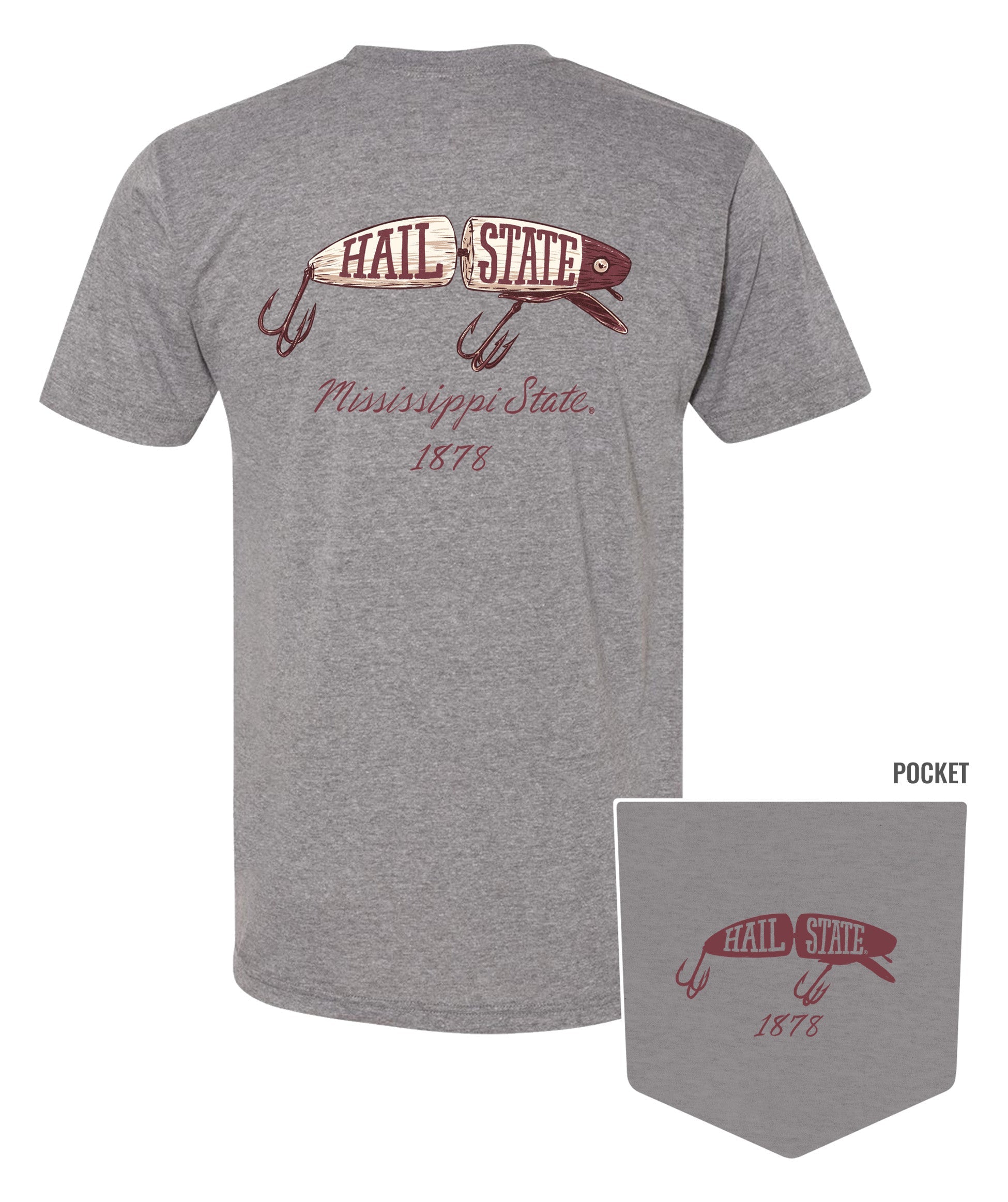 Mississippi State Grey T-Shirt with an image of a fishing lure with Red text “Hail State”
