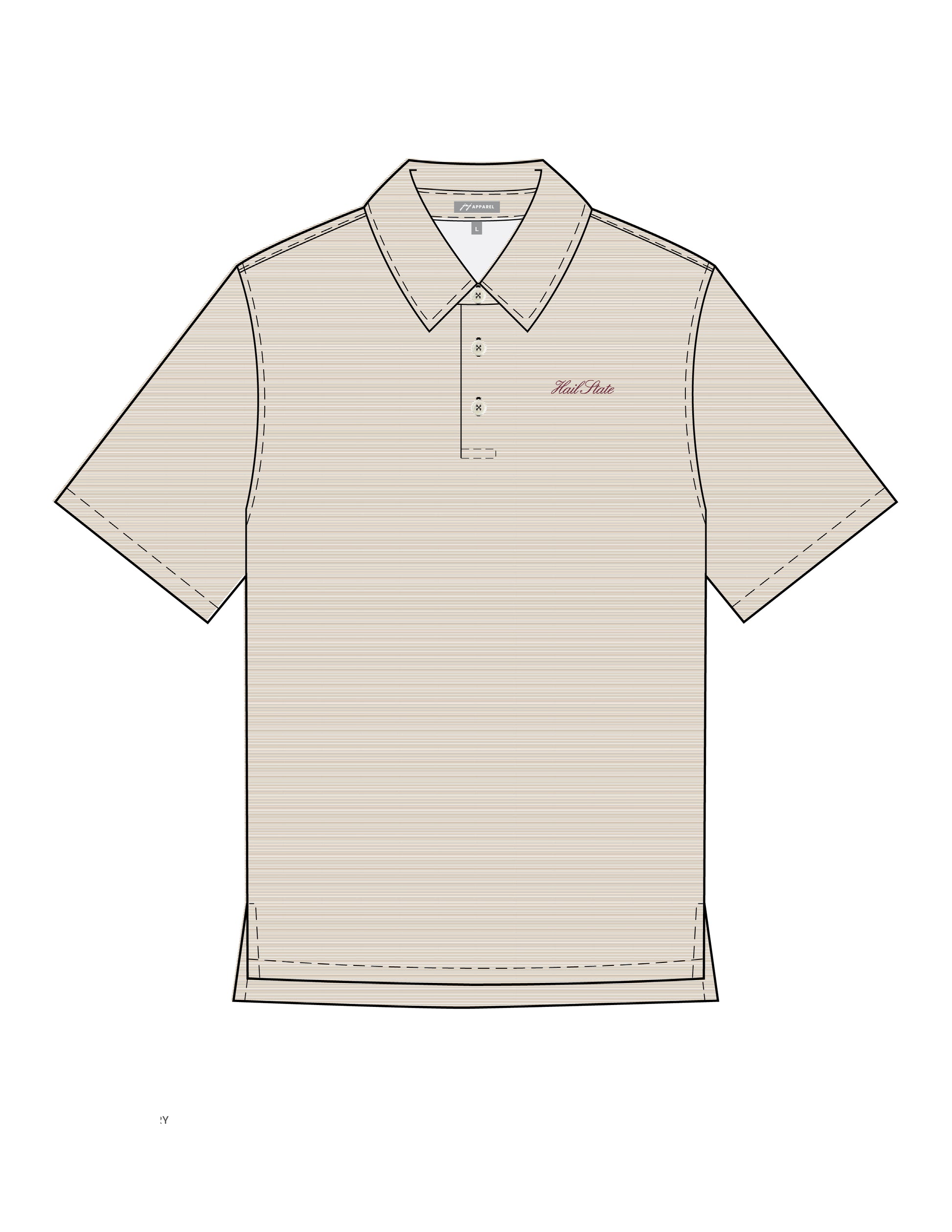 Mississippi State Men’s Tan Stripe Polo with Maroon Script “Hail State” Embroidered on the Chest