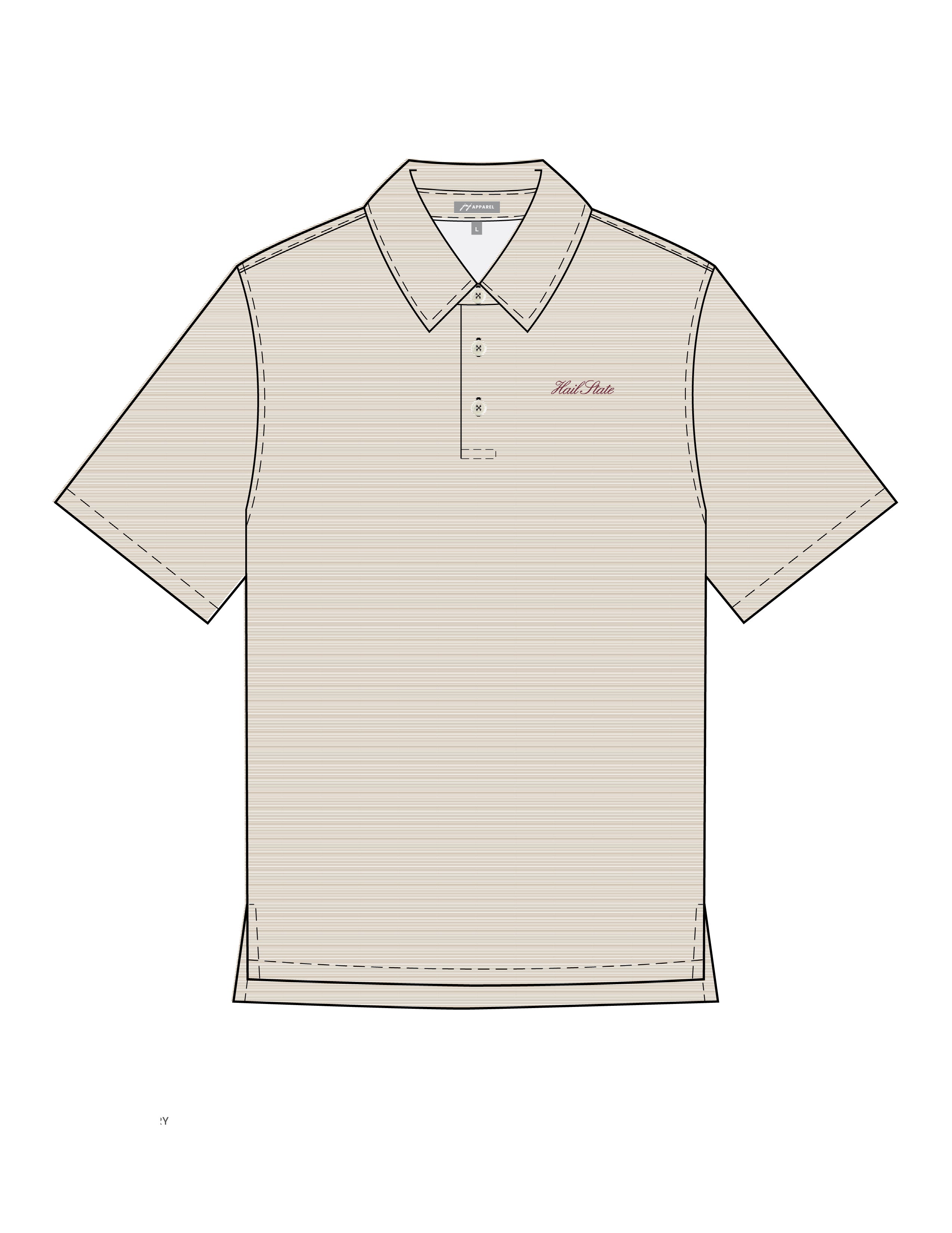 Mississippi State Men’s Tan Stripe Polo with Maroon Script “Hail State” Embroidered on the Chest