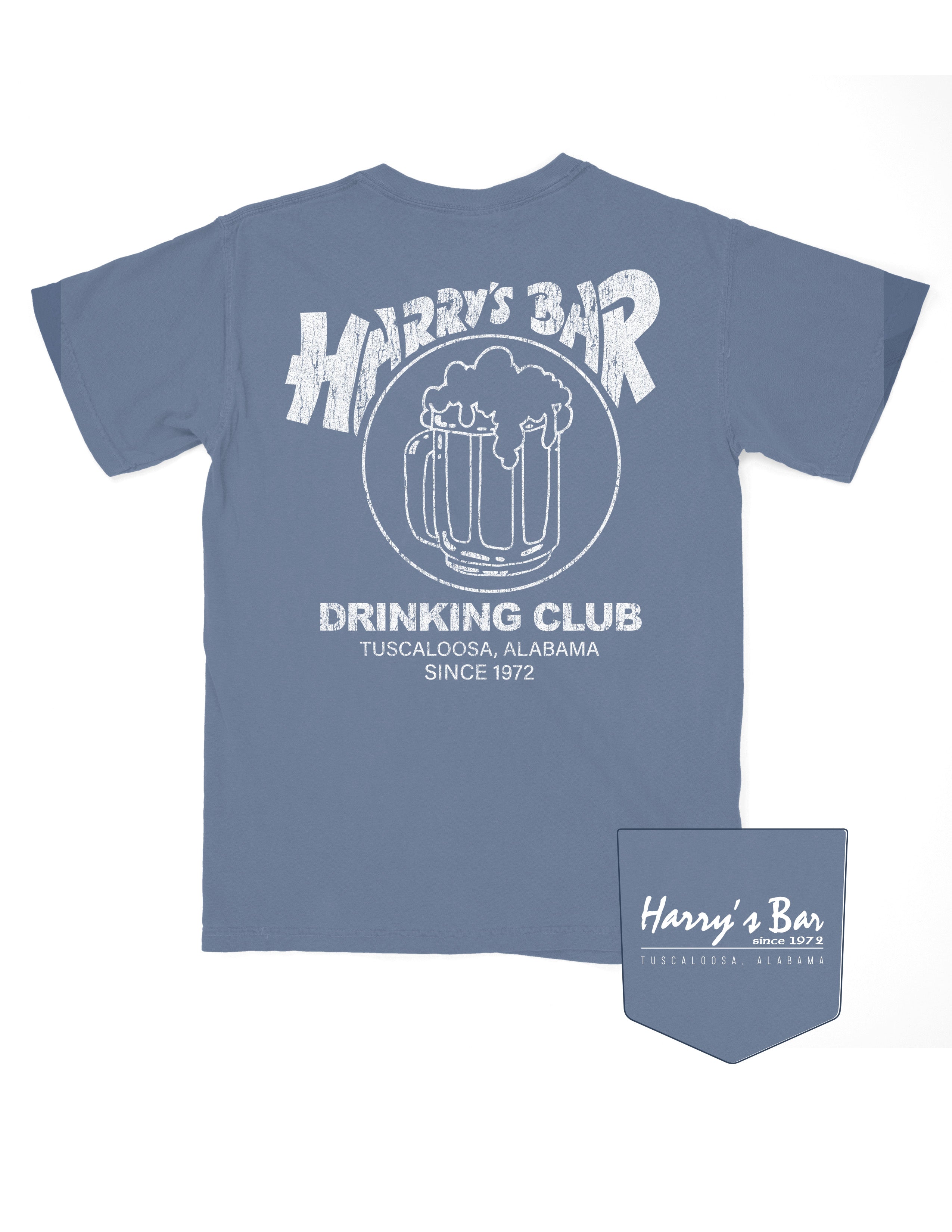 Harry’s Bar Blue T-Shirt with an image of an overflowing beer mug with a sash reading “Since 1972” above the text “Drinking Club”