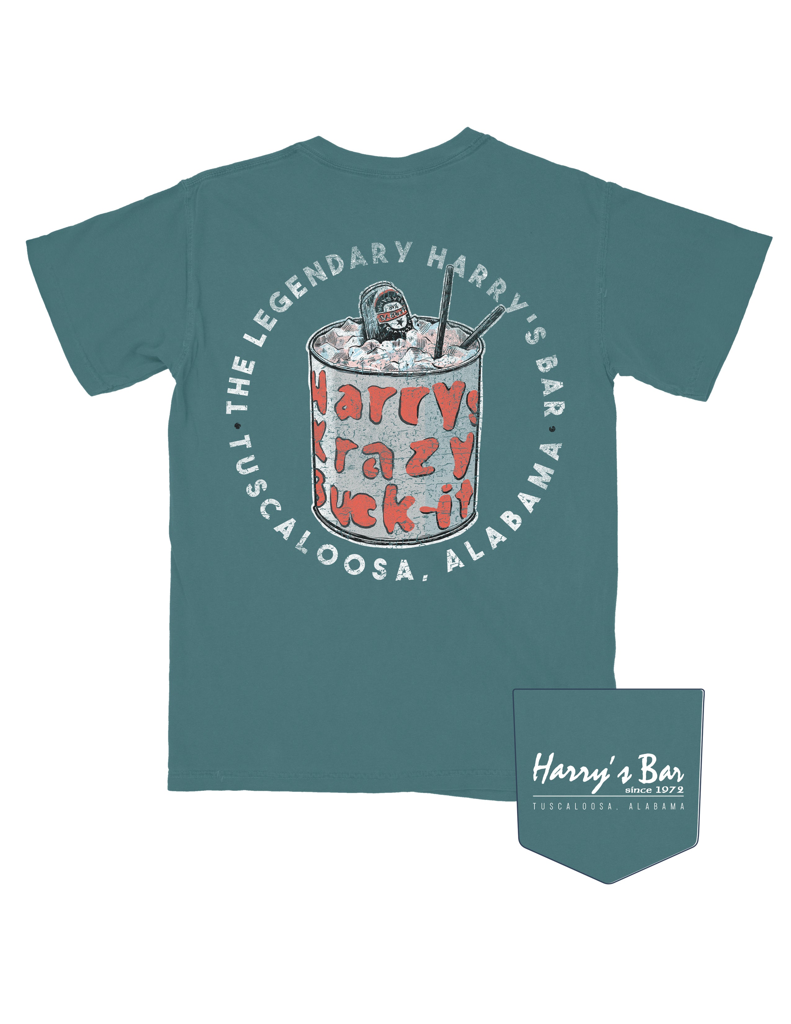 Harry’s Bar Deep Green T-Shirt featuring a distressed illustration of the iconic “Harry’s Krazy Buck-It” drink encircled by White Text “The Legendary Harry’s Bar | Tuscaloosa, Alabama”