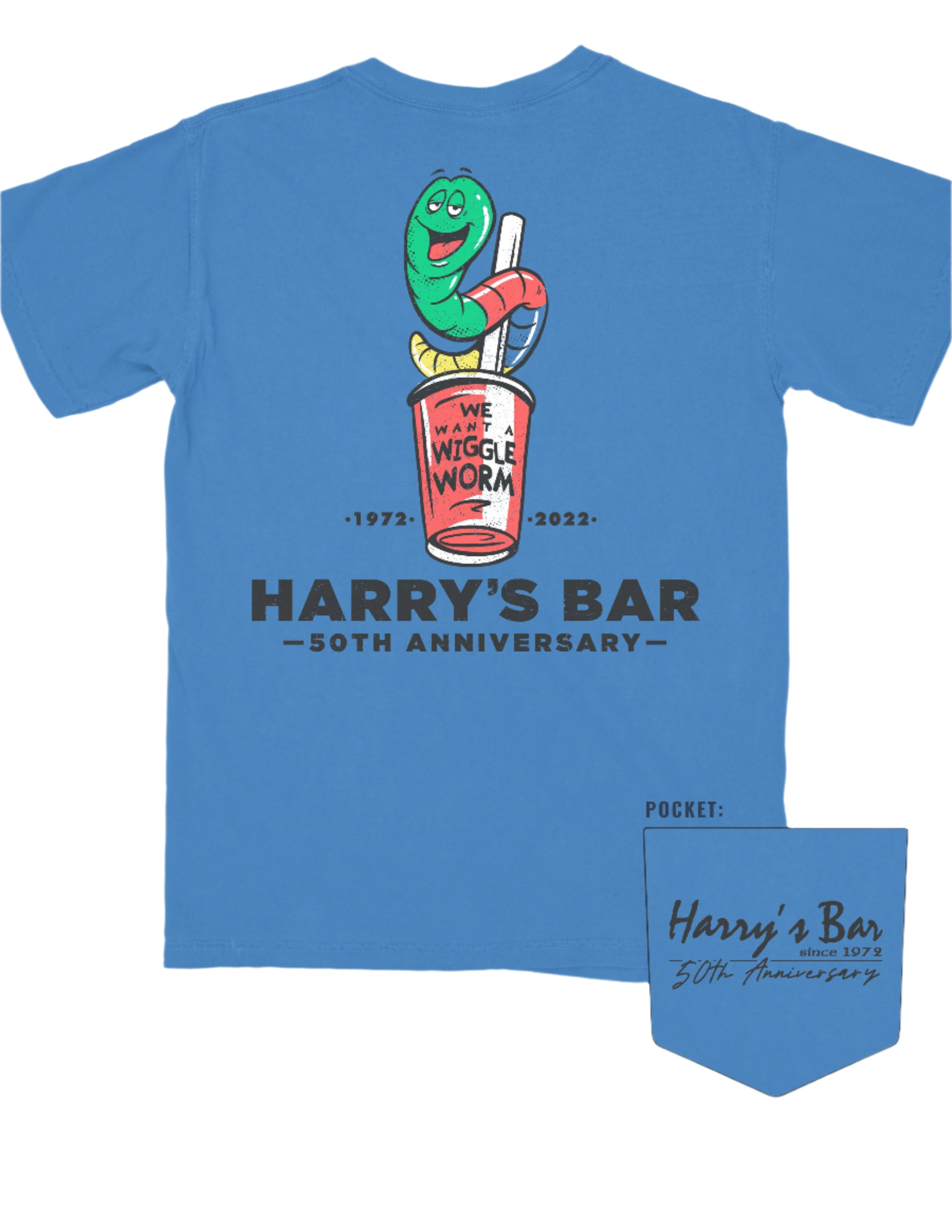 Harry's Bar Blue Shirt with a cartoon of the Wiggle Worm Drink above Black text “Harry’s Bar”