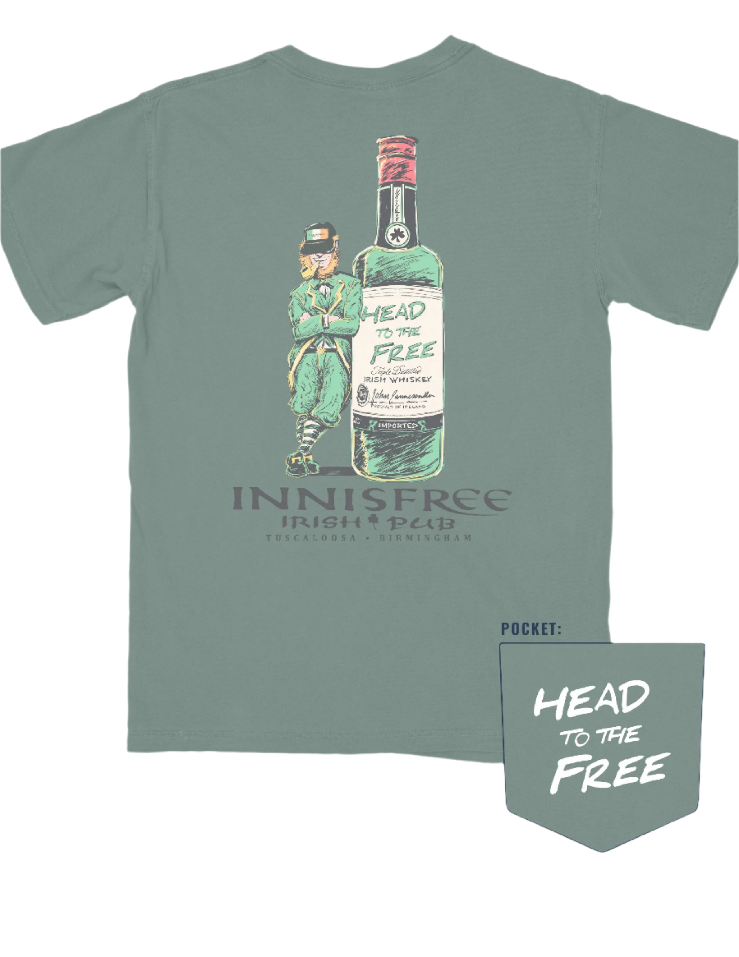 Innisfree Green T-Shirt with a hand-drawn design featuring a leprechaun leaning against a bottle and the text 'INNISFREE Irish Pub' on the back.
