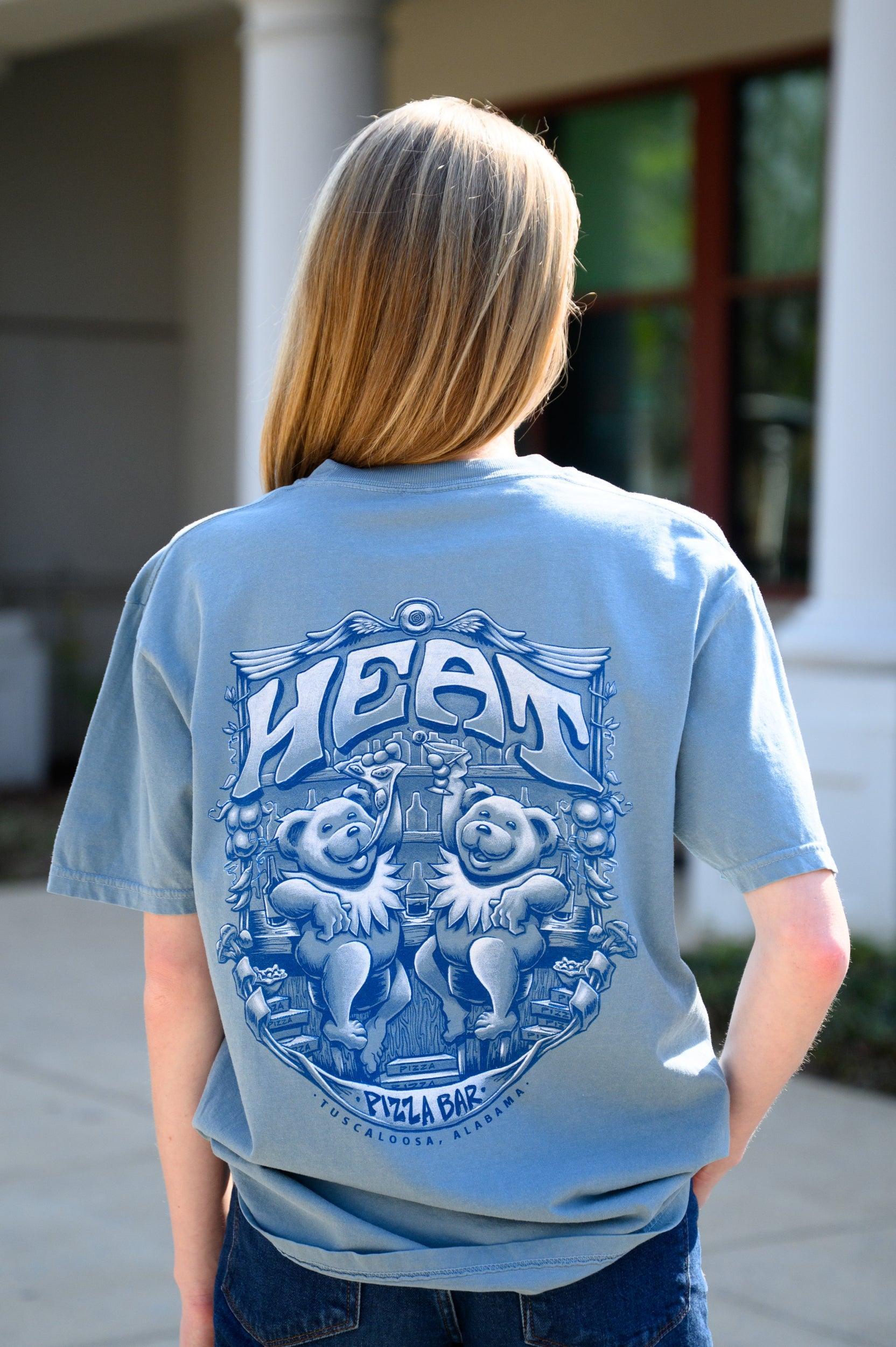Heat Pizza Ice Blue Bar Bears T-Shirt with text Heat" above two bears, one eating pizza, the other holding a martini, at the bar