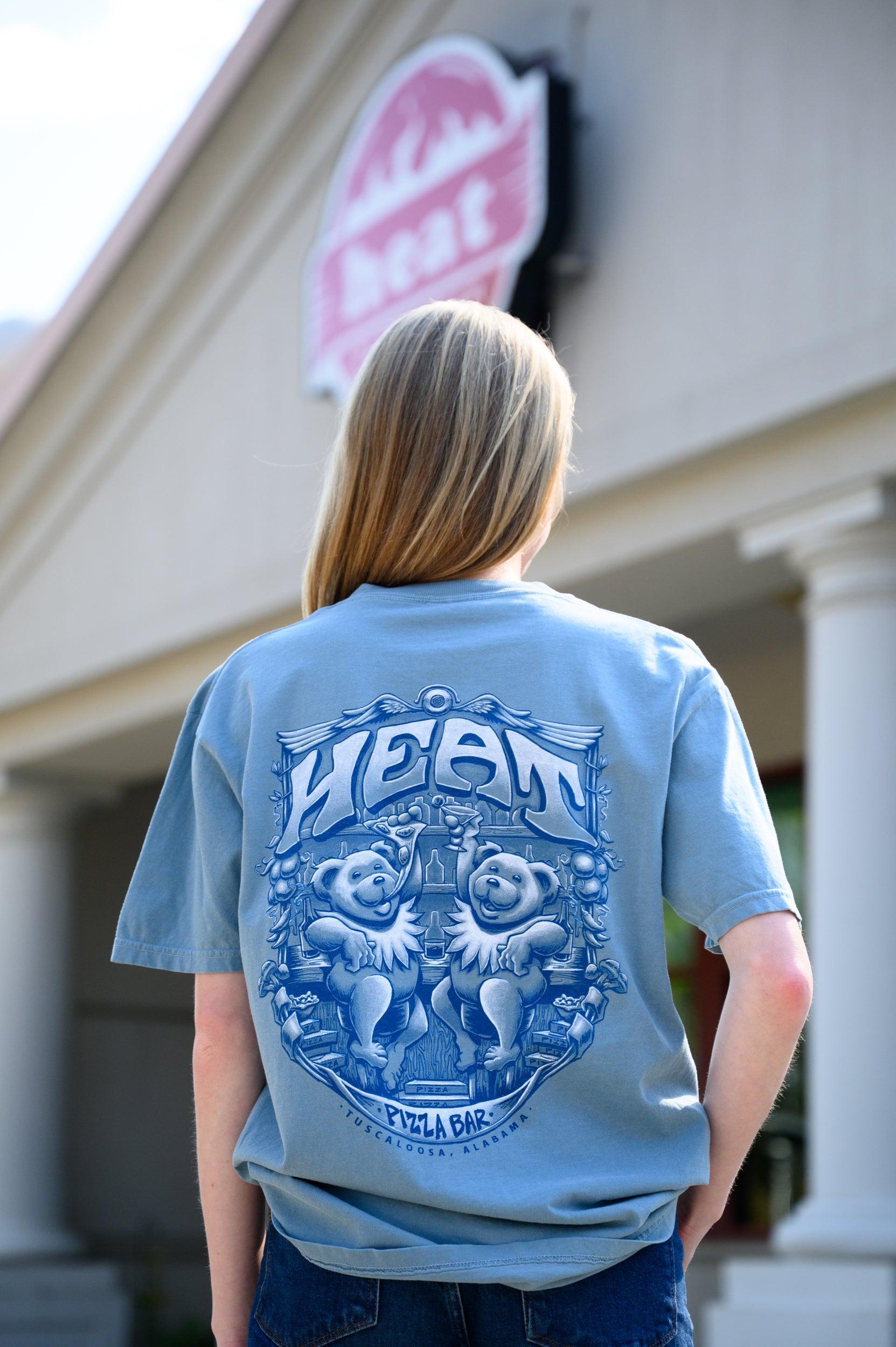 Heat Pizza Ice Blue Bar Bears T-Shirt with text Heat" above two bears, one eating pizza, the other holding a martini, at the bar