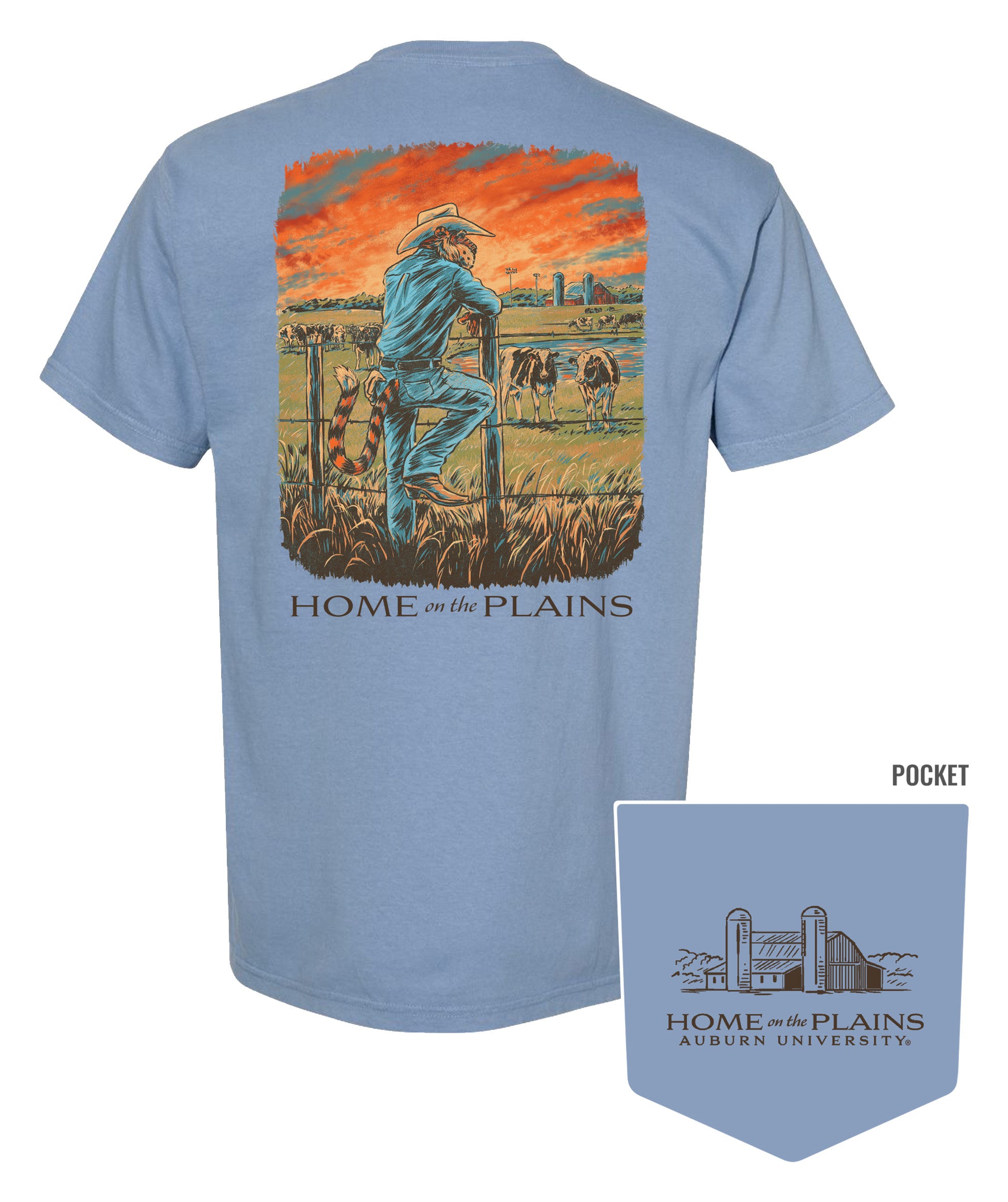 Auburn University Blue T-Shirt with an image of Aubie wearing cowboy clothes and watching over cattle at sunrise above Black text “Home on the Plains”
