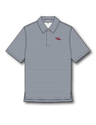 Gray striped polo shirt with a small red "Hotty Totty" logo on a white background