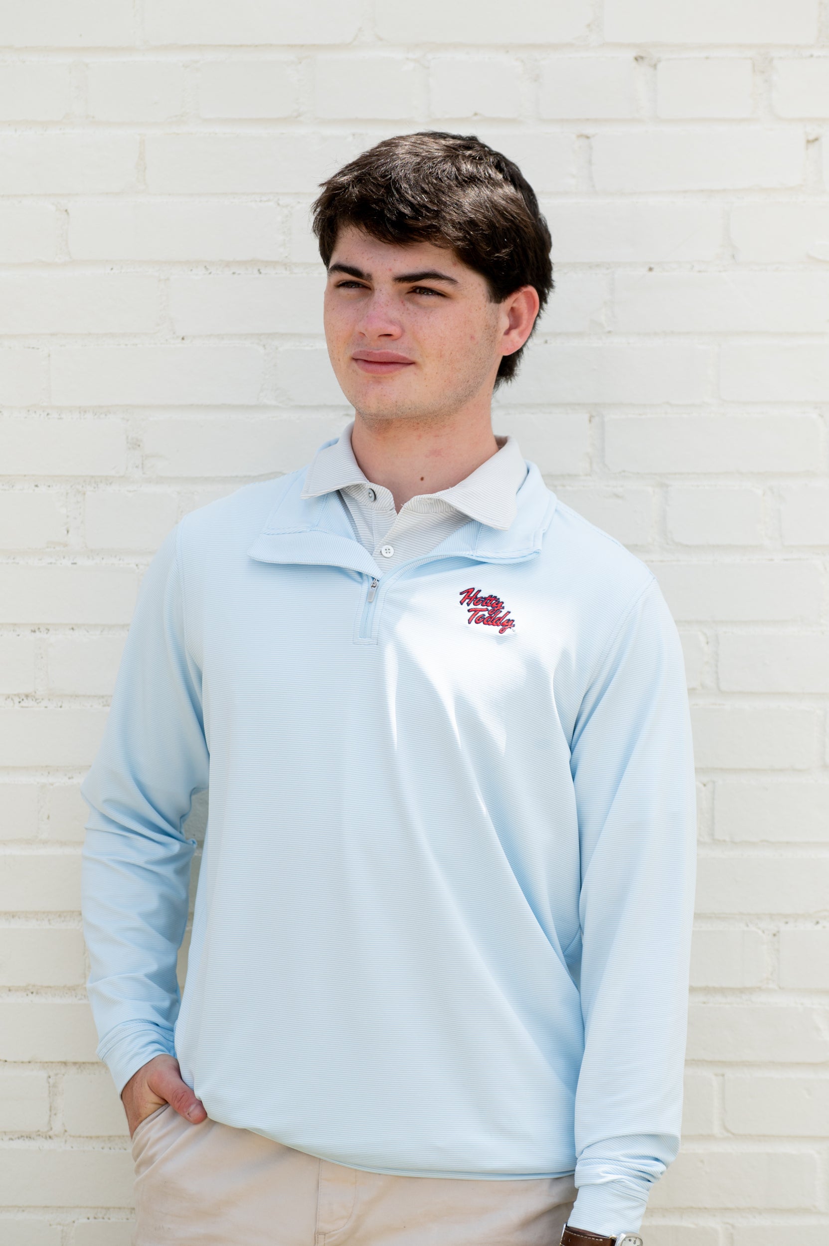 Ole Miss Light Blue Stripe ¼ Zip Pullover with script “Hotty Toddy” Embroidery