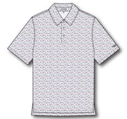 Innisfree Polo patterned with Alabama State Flags, shamrocks, and Innisfree logos, and the Innisfree logo embroidered on the left sleeve
