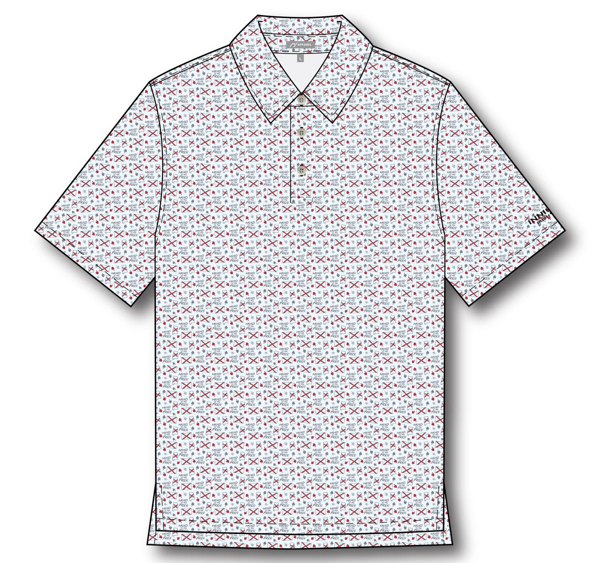 Innisfree Polo patterned with Alabama State Flags, shamrocks, and Innisfree logos, and the Innisfree logo embroidered on the left sleeve