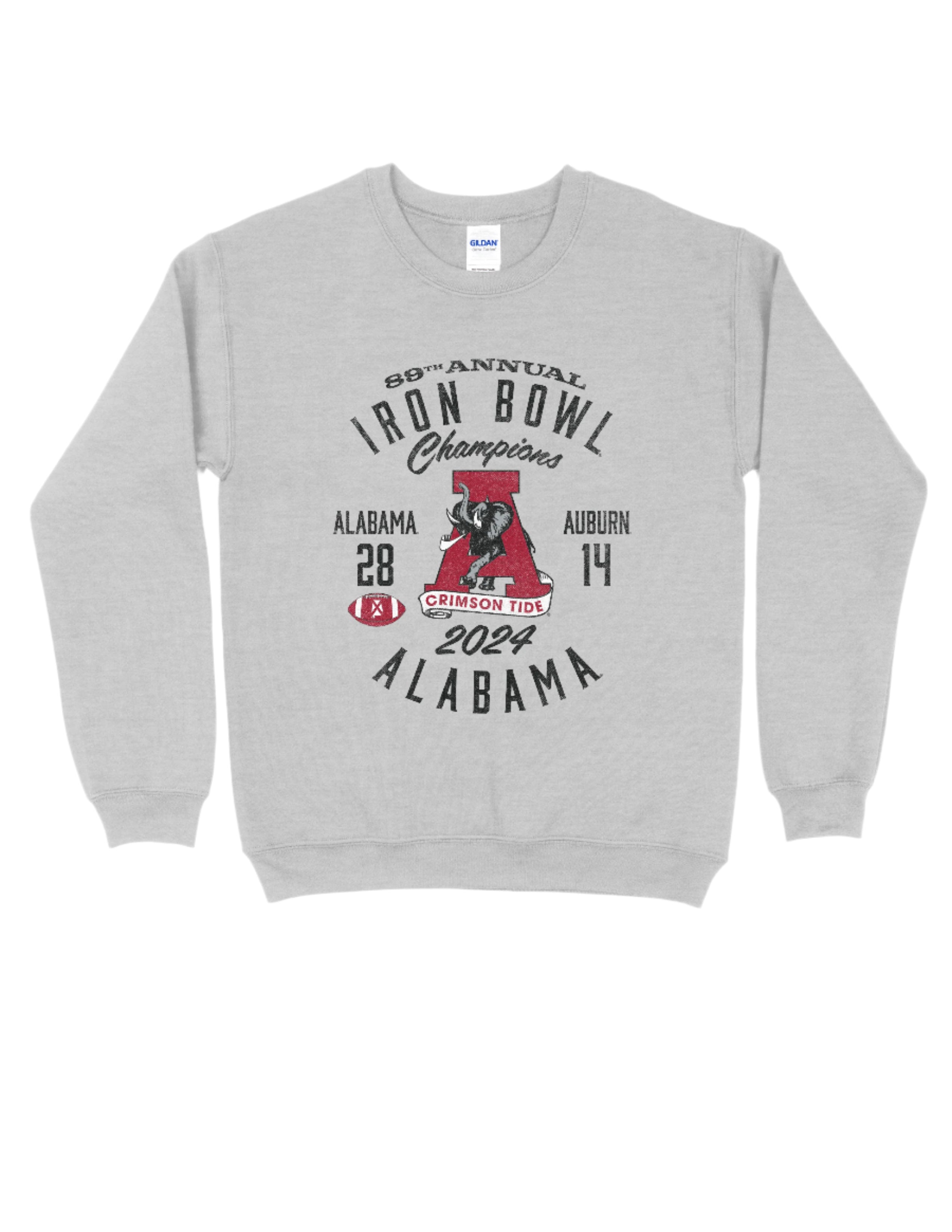 University of Alabama Grey 2024 Iron Bowl Champions Sweatshirts with the Vintage A logo surrounded by Black text detailing the winning score and the year