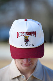 Mississippi State Cream and Maroon Hat with the Walking Bully Logo in between embroidered text “Mississippi State” 