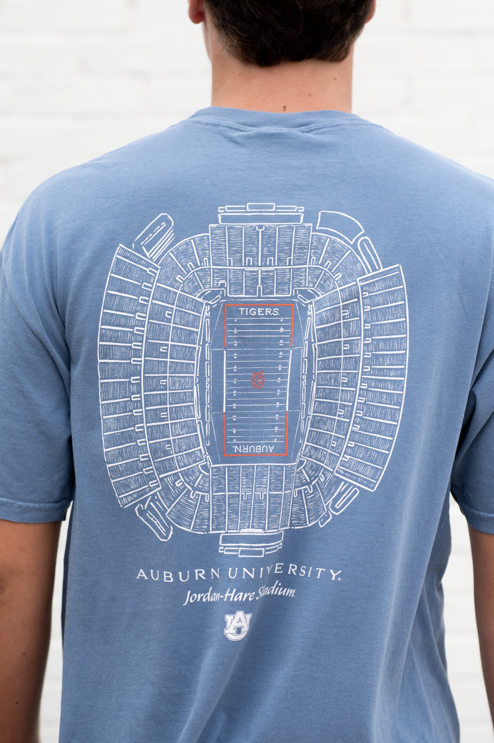 Auburn University Blue Jean T-Shirt with a blueprint of the Jordan-Hare Stadium