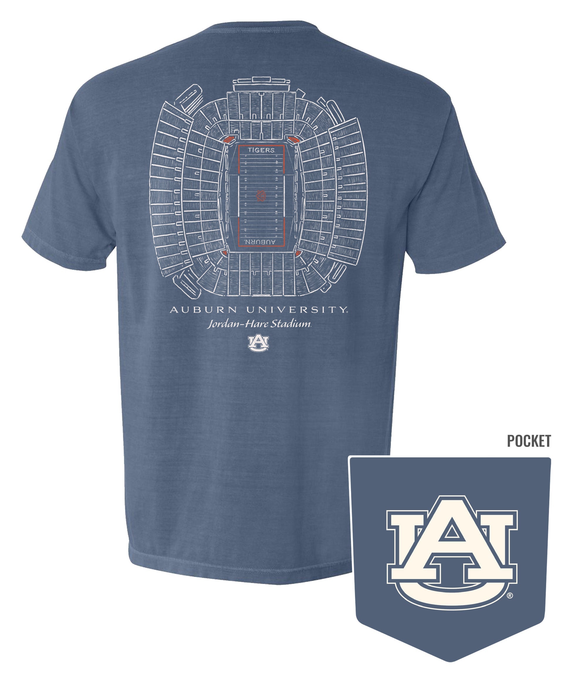Auburn University Blue Jean T-Shirt with a blueprint of the Jordan-Hare Stadium