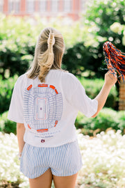 Auburn University White T-Shirt with a blueprint of the Jordan-Hare Stadium