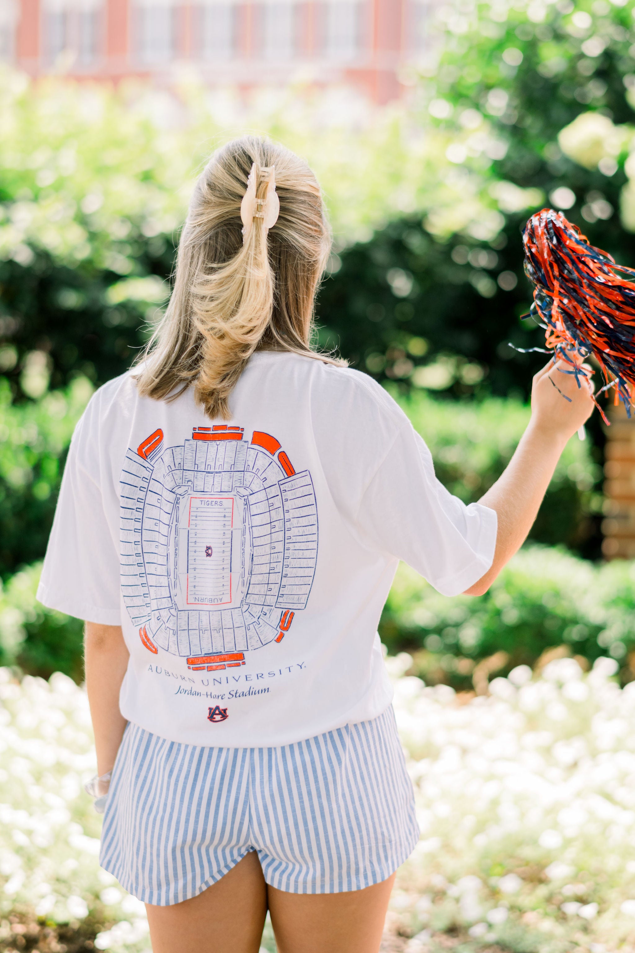 Auburn University White T-Shirt with a blueprint of the Jordan-Hare Stadium