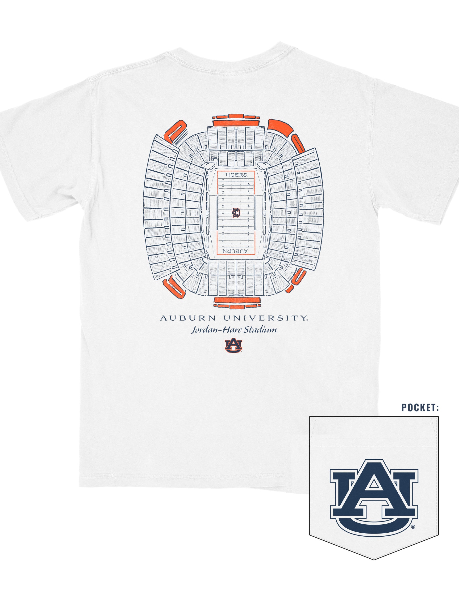 Auburn University White T-Shirt with a blueprint of the Jordan-Hare Stadium