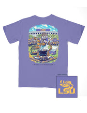 Louisiana State University Purple T-Shirt with an illustration of Mike the Tiger wearing a crown and stirring a pot of gumbo in front of the Tiger Stadium. Text “King of the Tailgate”